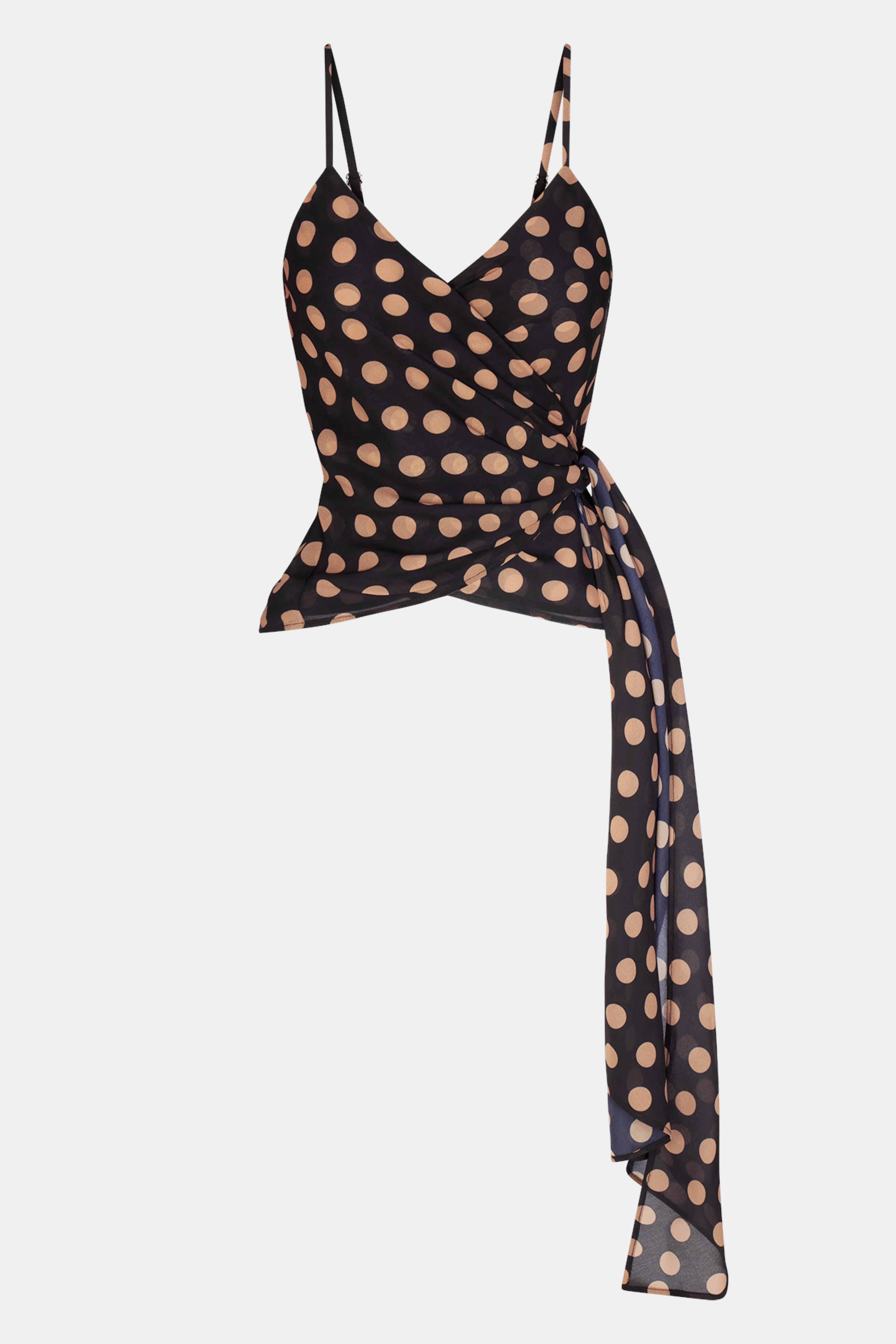 Marlowe Chiffon Tie Tank In Black/Tan Polka Dot - 1