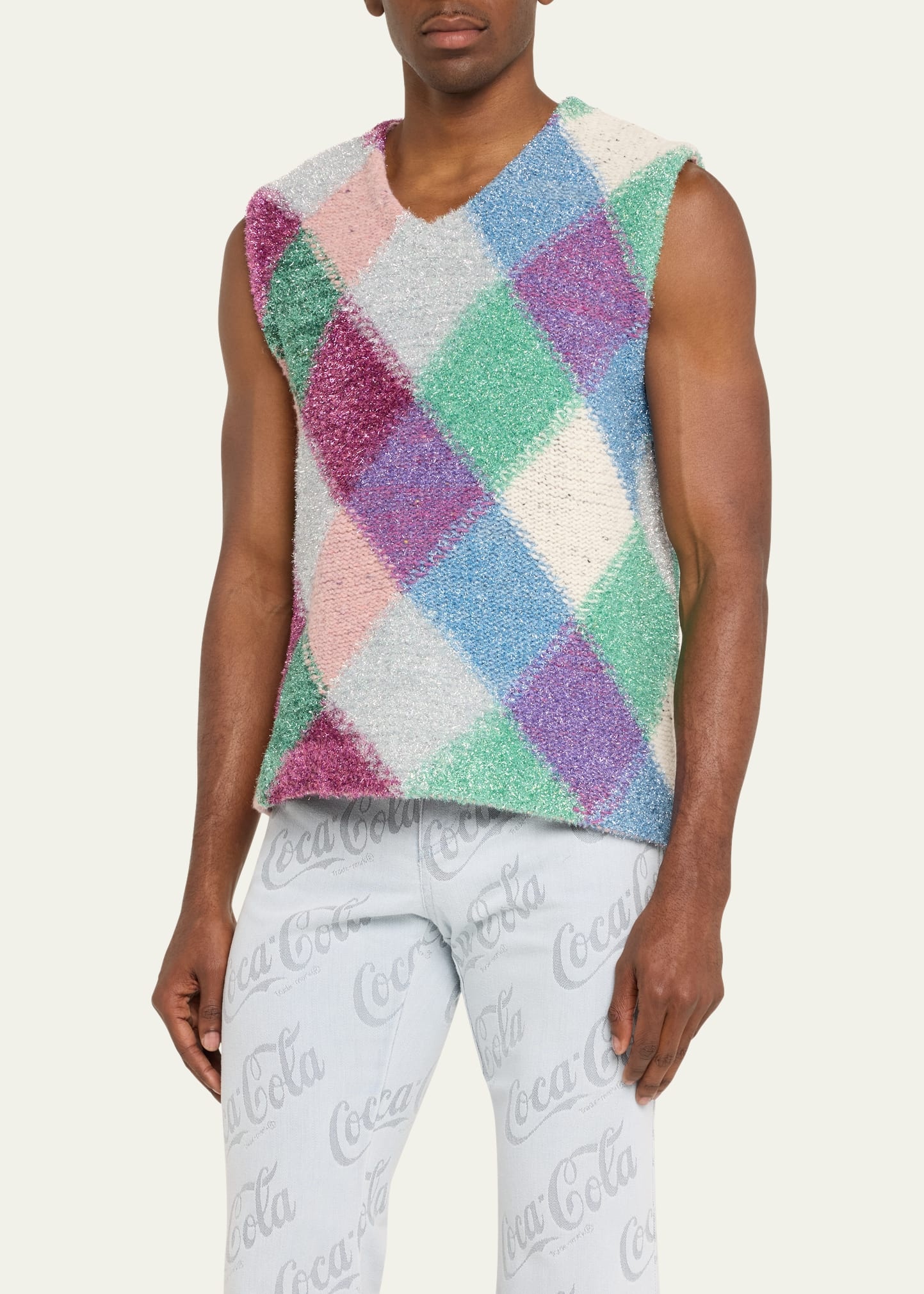 Men's Multicolor Lurex Argyle Sweater Vest - 4