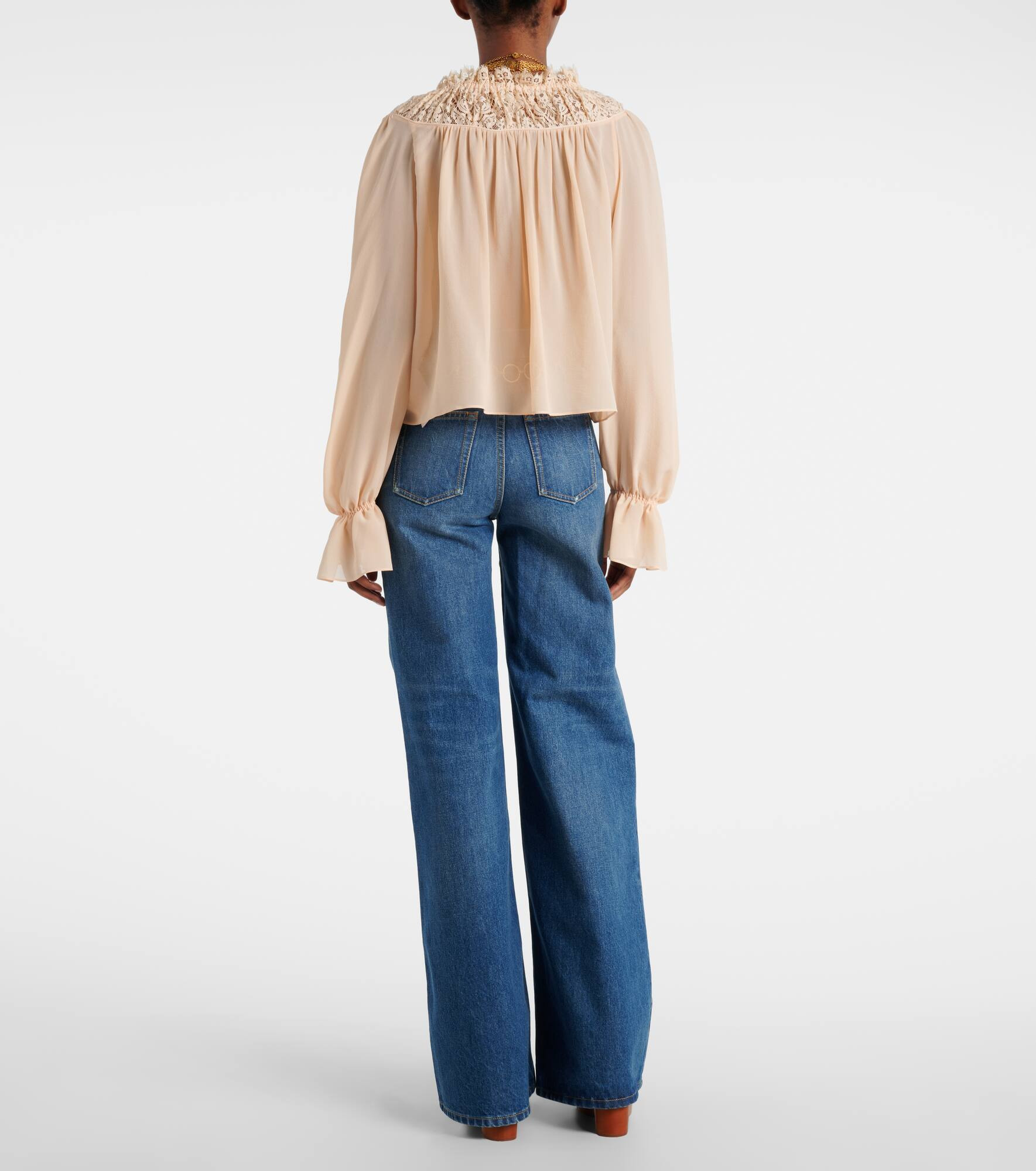 Shirred cropped lace-trimmed silk blouse - 3