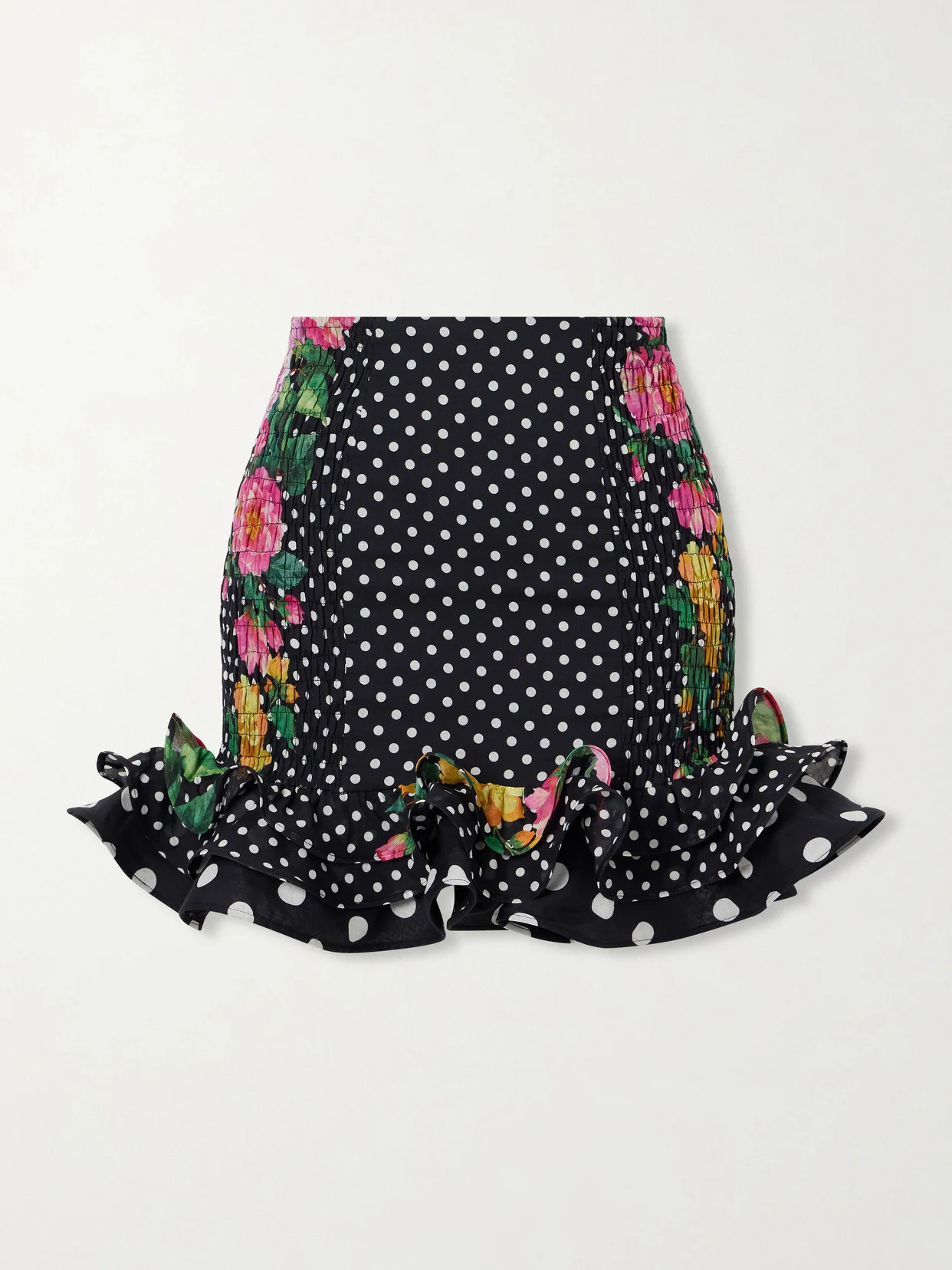 Alameda Shirred Ruffled Floral-print Polka-dot Cotton-blend Mini Skirt - 1