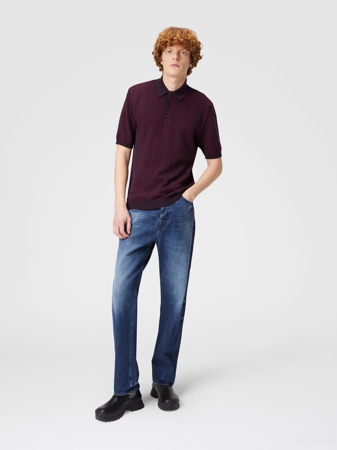 Virgin wool and viscose polo shirt with wave motif - 2