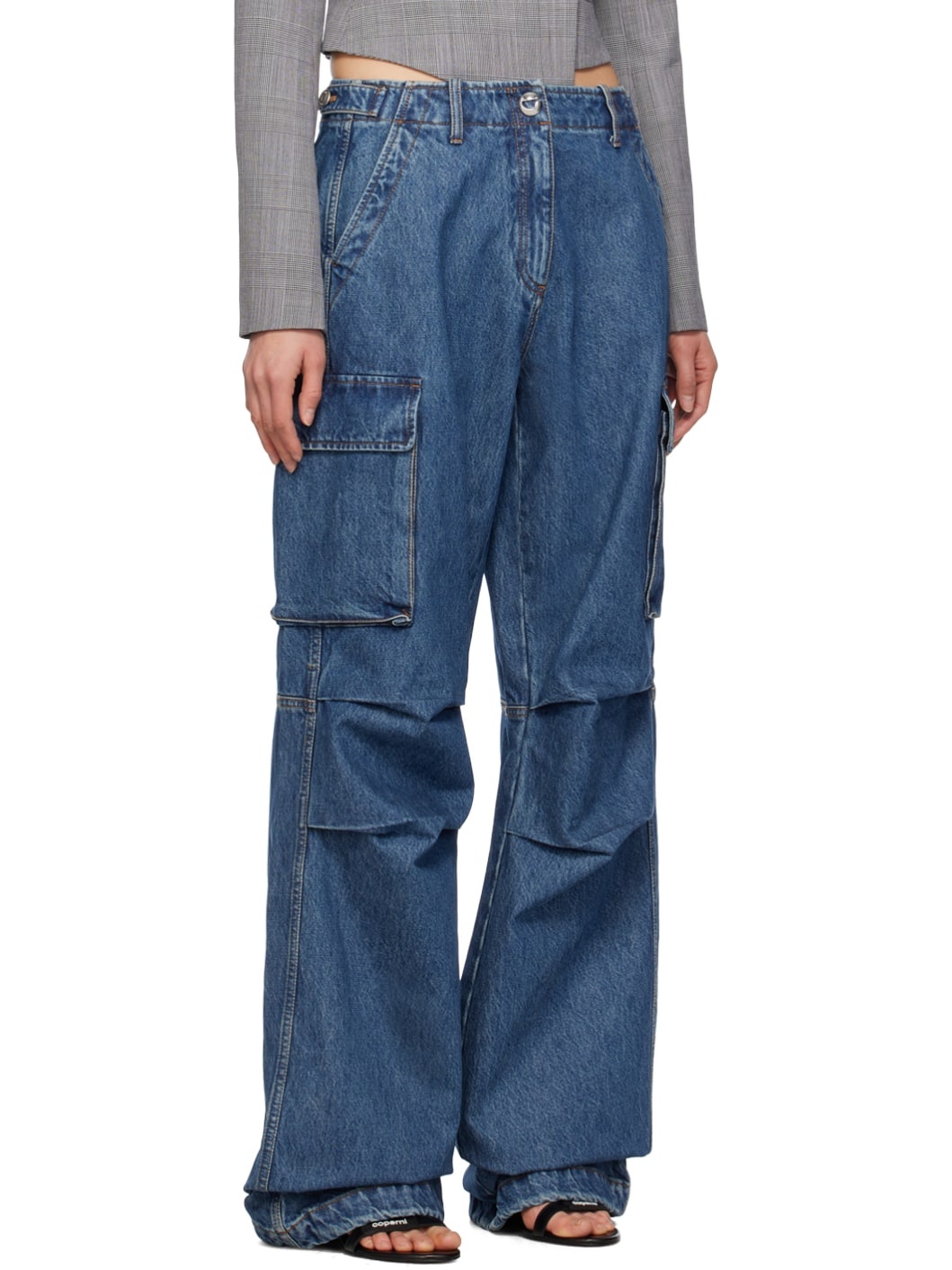 Blue Wide Leg Denim Cargo Pants - 2