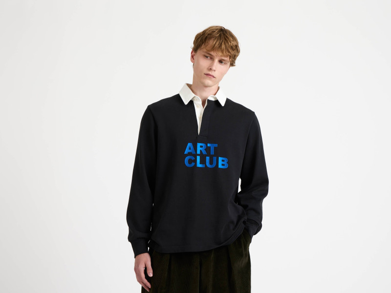 'ART CLUB' RUGBY POLO TOP IN WASHED BLACK 4