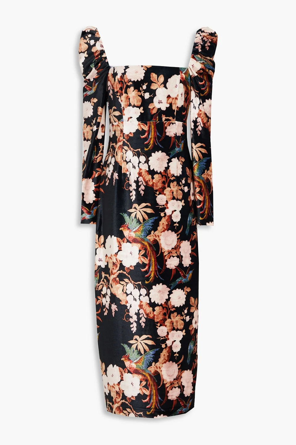 Floral-print stretch-velvet midi dress - 1