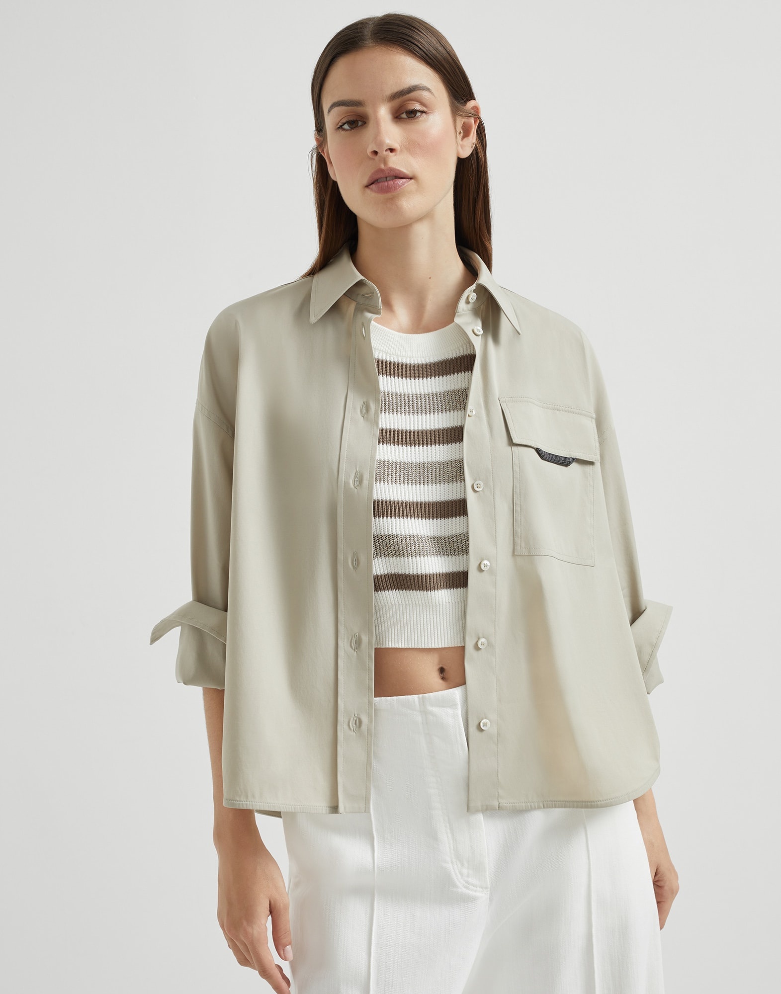 Stretch cotton poplin cropped shirt with shiny flap detail - 4