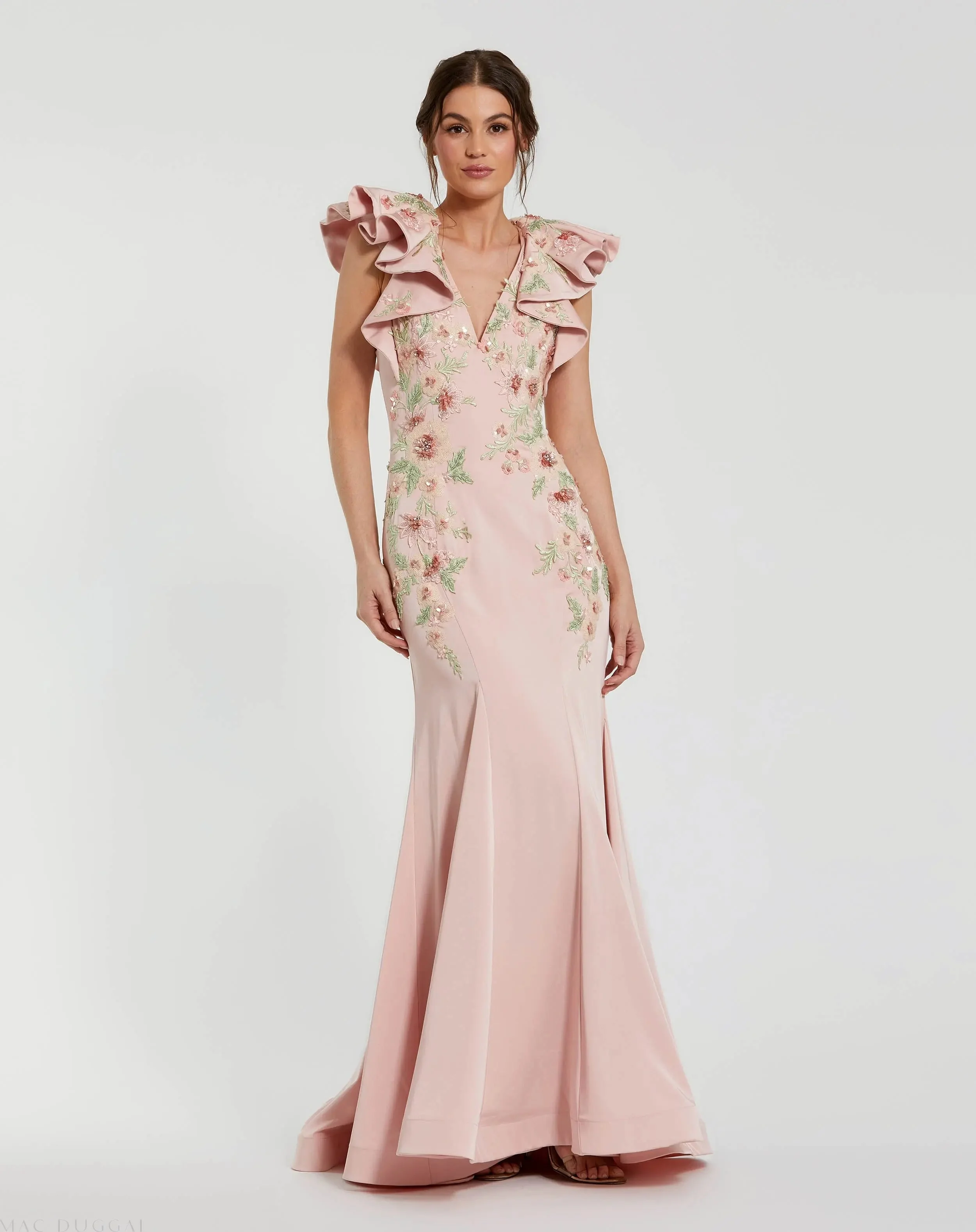 Blush Flutter Sleeve Embellished Mermaid Gown - 1