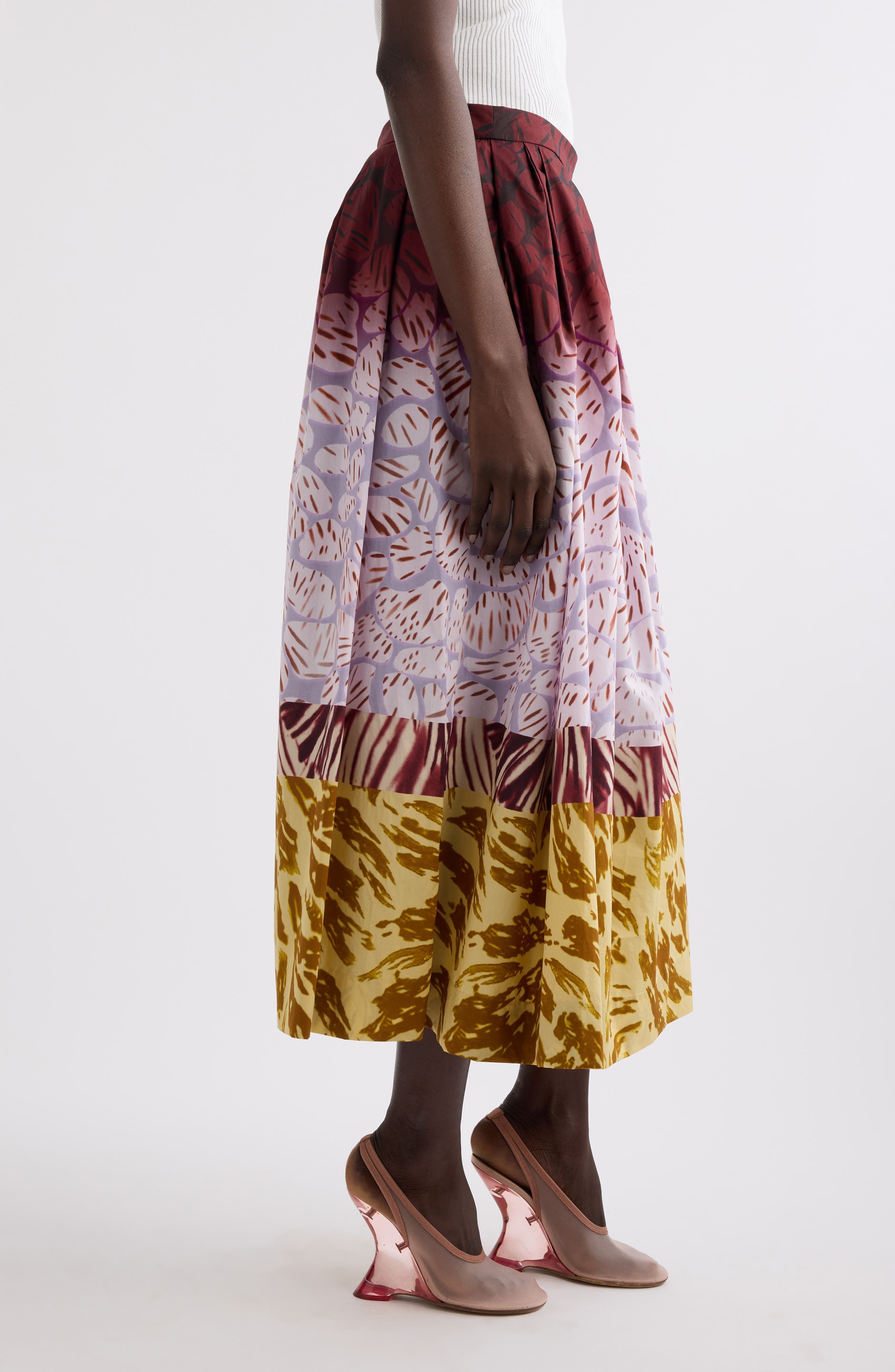 Dries Van Noten Soni Mixed Print A-Line Midi Skirt in Burgundy at Nordstrom - 4