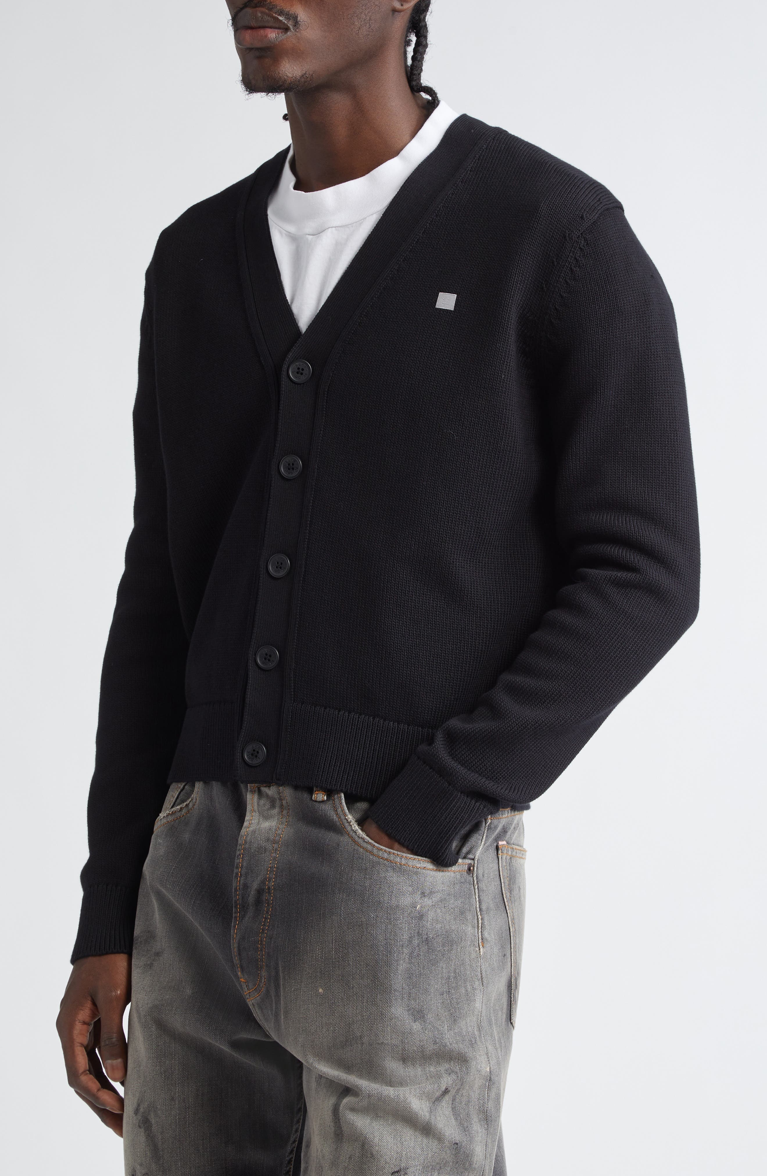 Acne Studios Keven Face Patch Cotton V-Neck Cardigan in Black at Nordstrom - 5