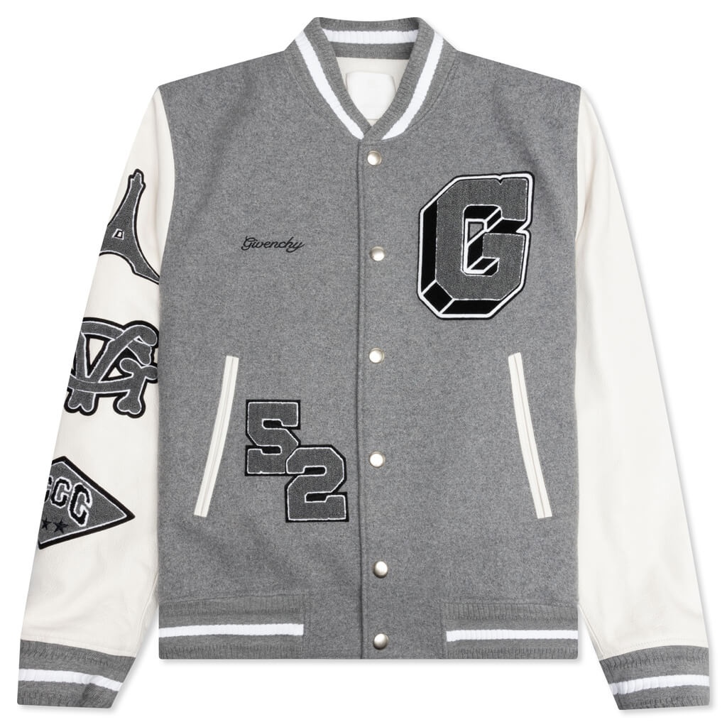 VARSITY BOMBER JACKET W/ PATCHES - GREY/WHITE - 1