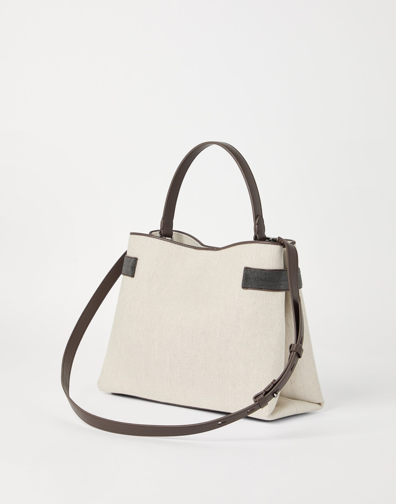 Brunello Cucinelli Essence top-handle bag in cotton and linen drill with precious bands outlook