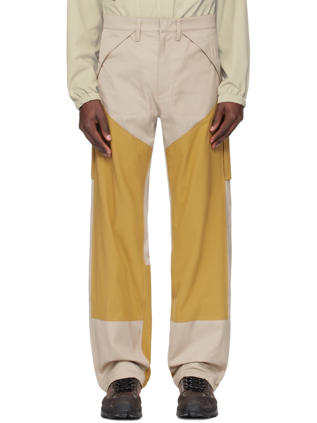 Khaki & Beige Paneled Cargo Pants - 1