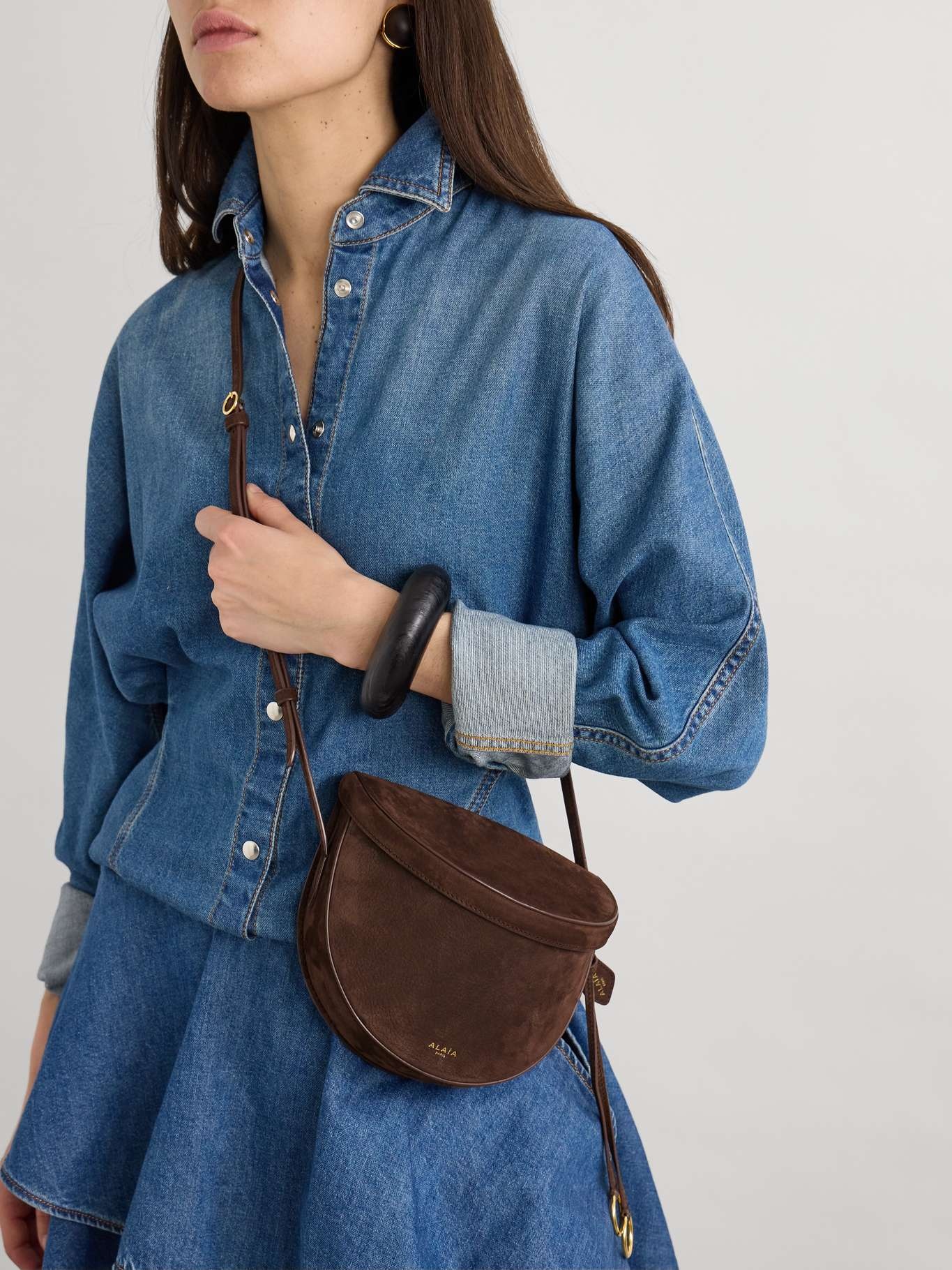 Le Click leather-trimmed nubuck shoulder bag Brown - 2