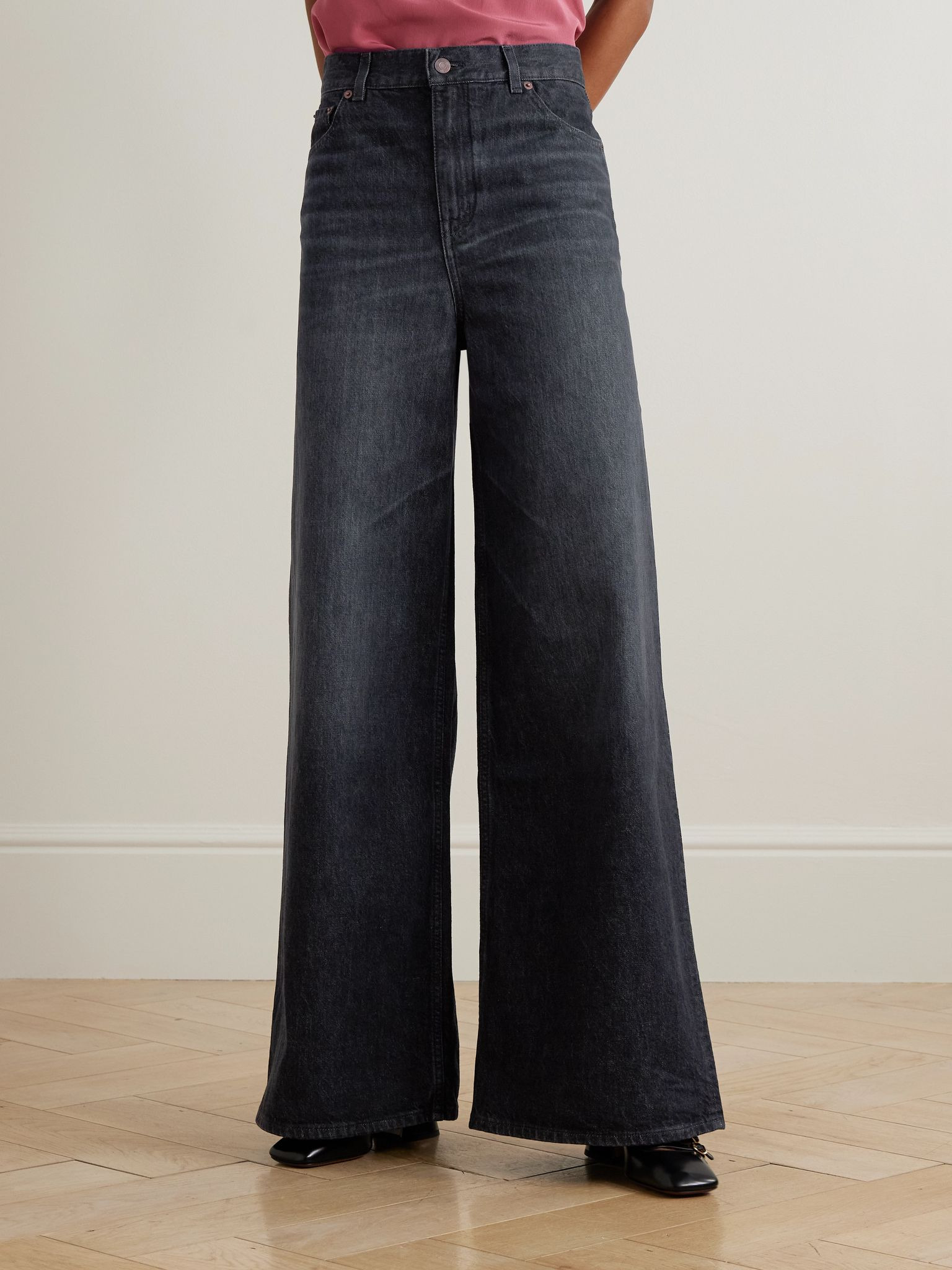 Leather-trimmed high-rise wide-leg jeans Black - 3