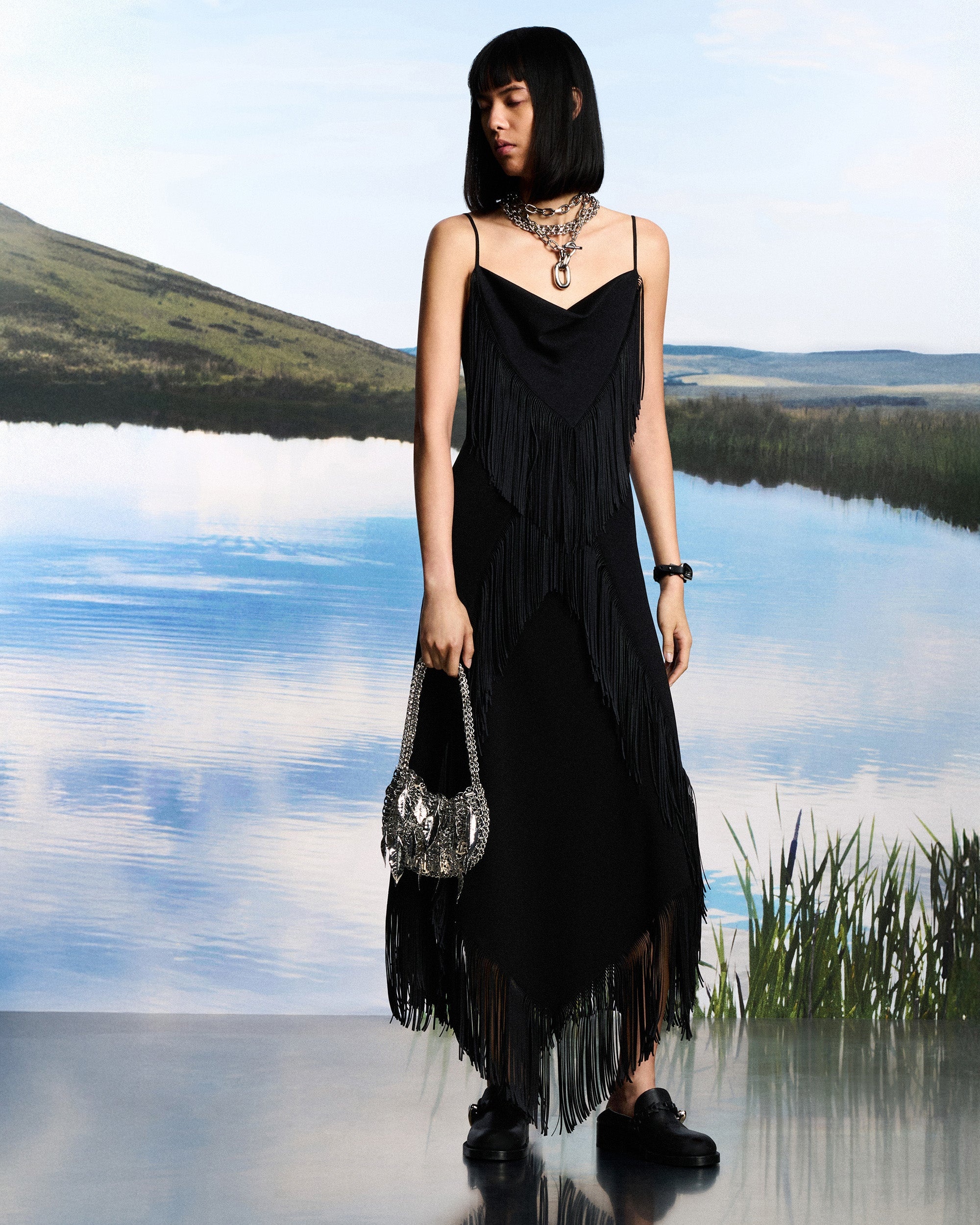 Crepe Fringe Cowl Neck Midi Dress - 6