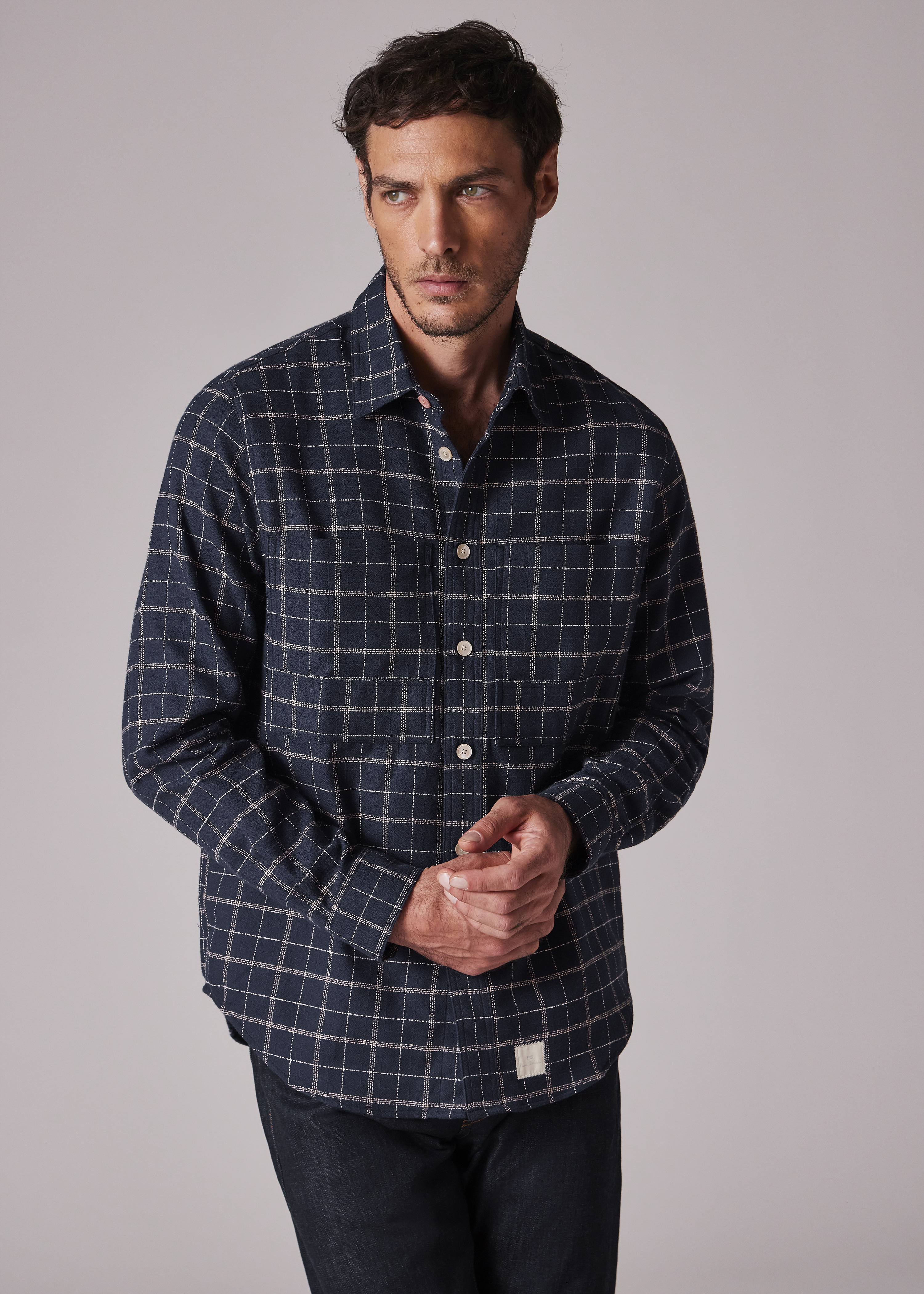 Regular-Fit Navy Cotton Crepe Check Overshirt - 4