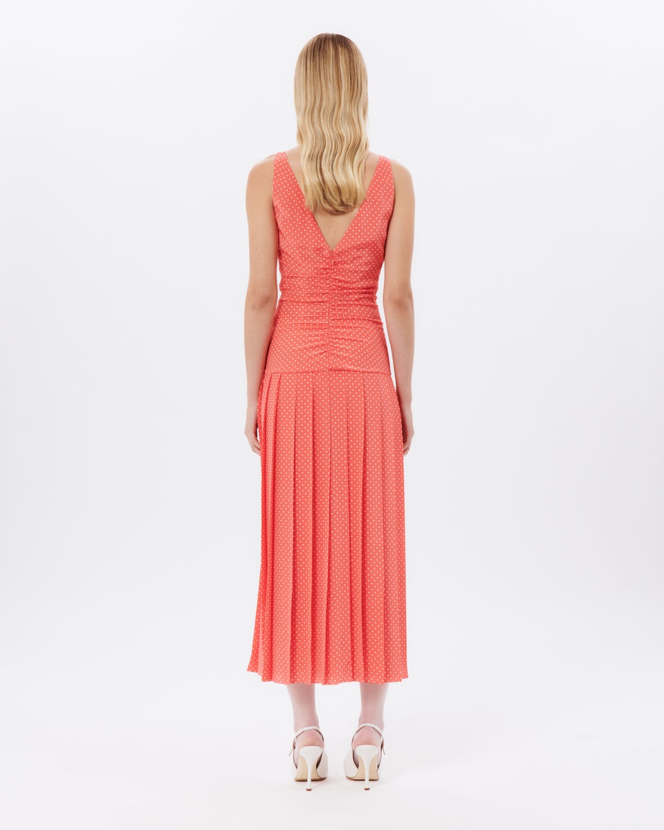 POLKA DOT SILK SLEEVELESS PLEATED DRESS WITH BOW - 4