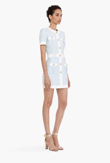 Short blue and white gingham-print cotton dress - 7