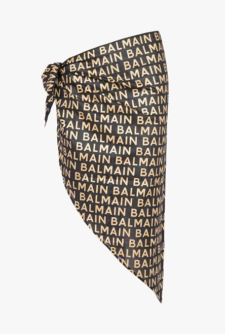 Black and gold cotton sarong with Balmain logo print - 1