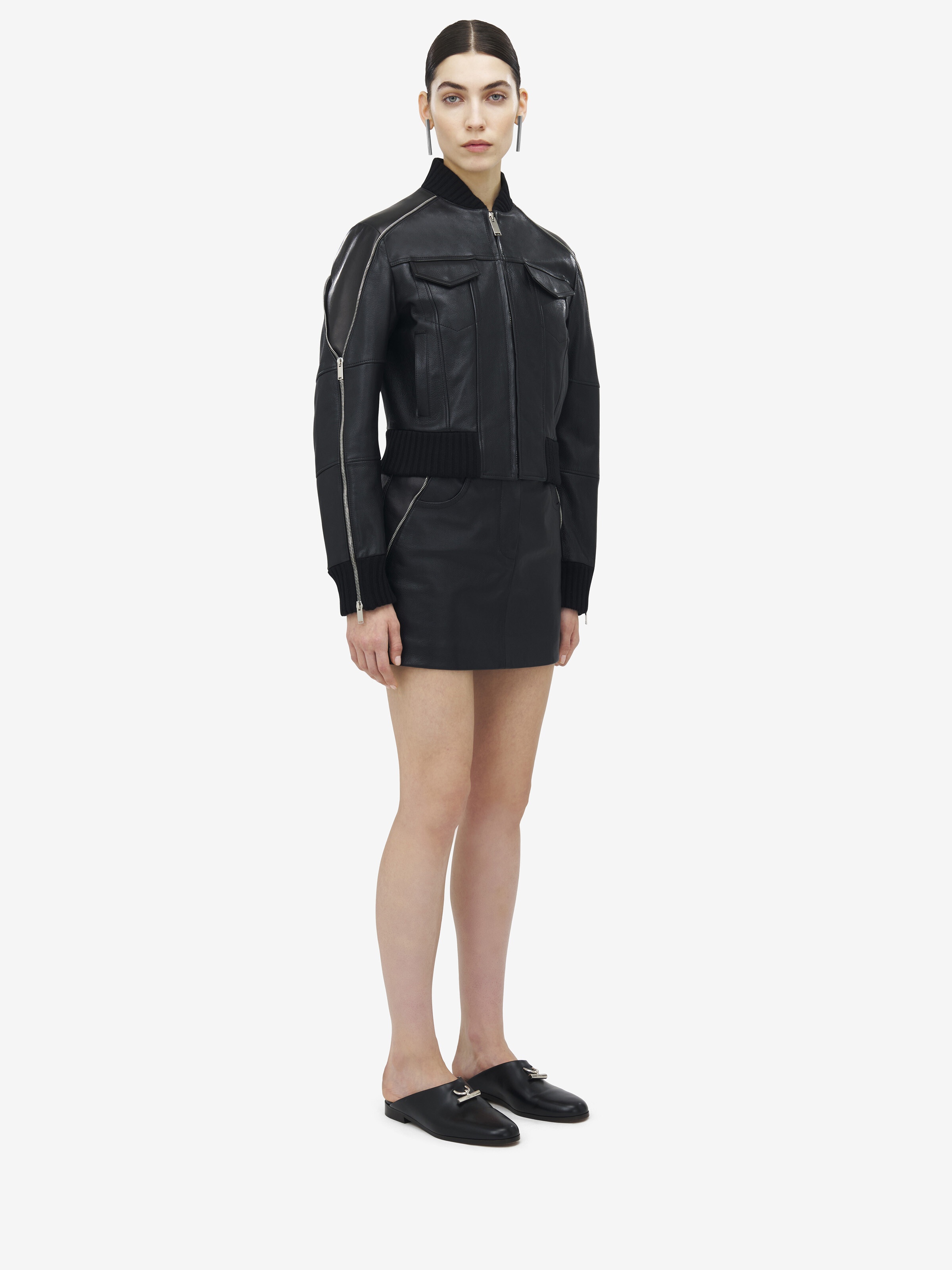 Zip Detail Leather Bomber Jacket - 4