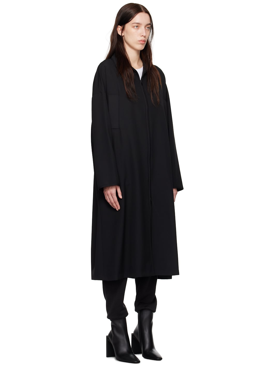 Black Wool High Neck Trench Coat - 2