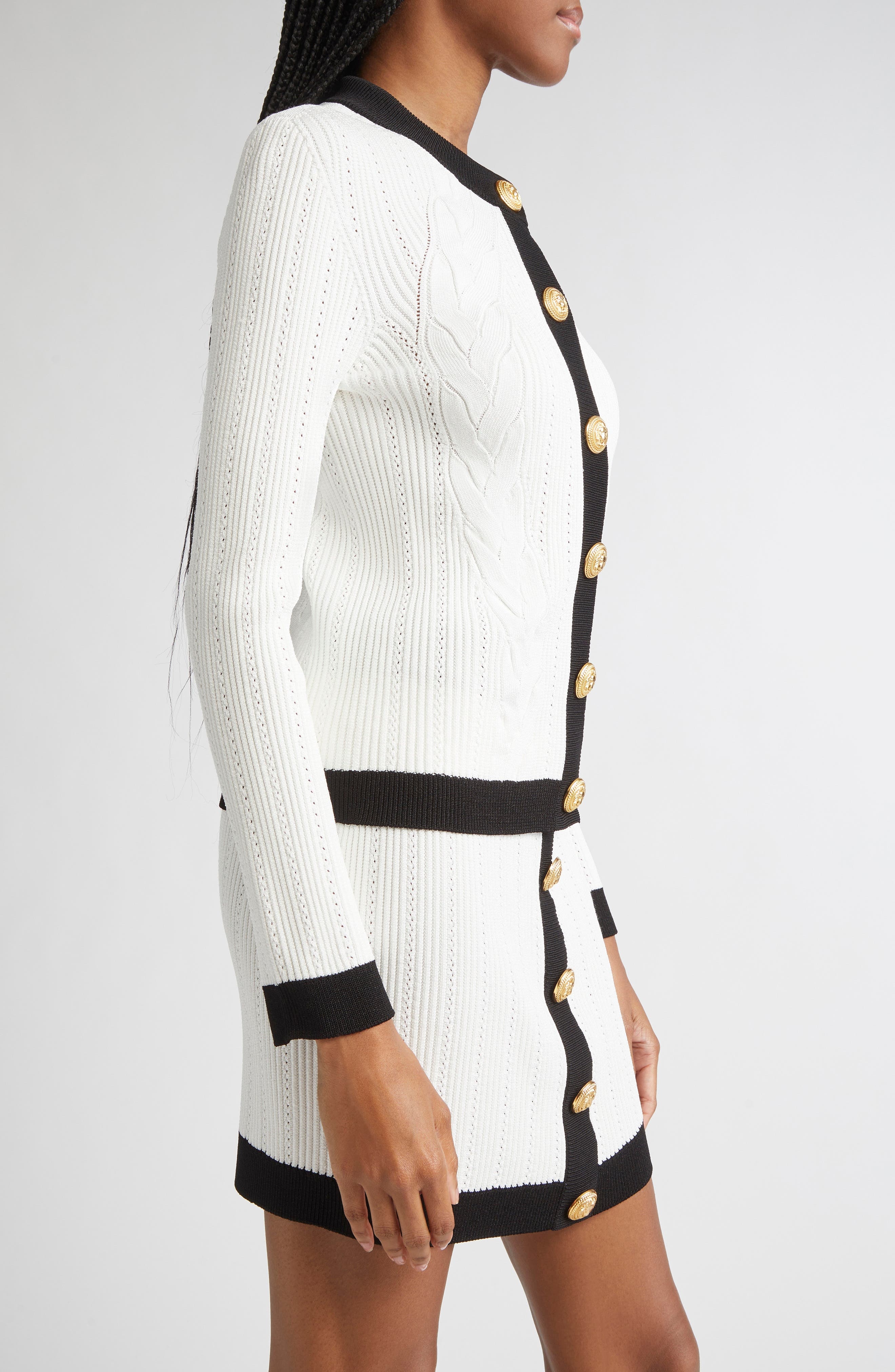 Balmain Twisted Cable Knit Cardigan in Gab White/Black at Nordstrom - 4