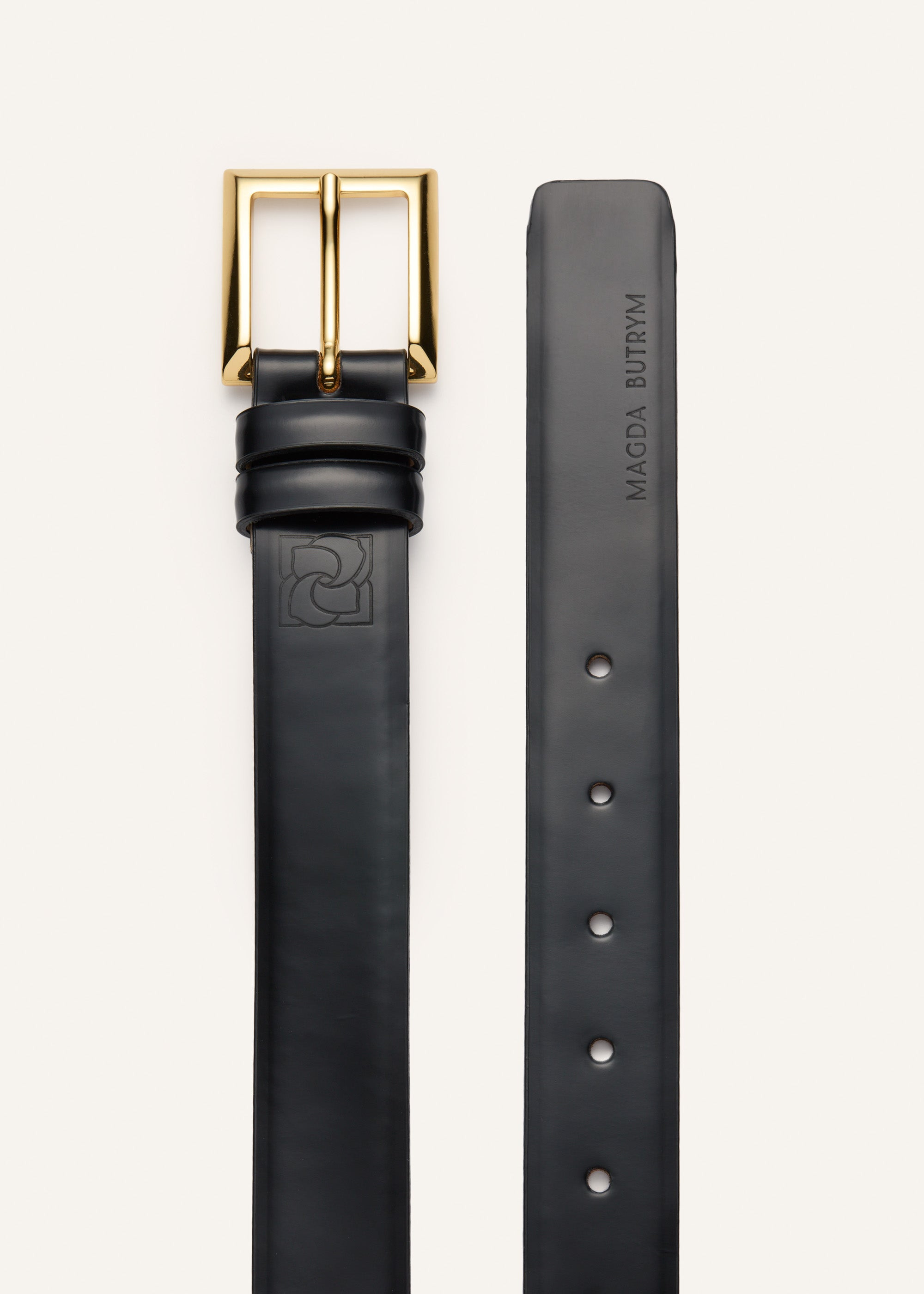 Contrast-stitched black leather belt in gold - 2
