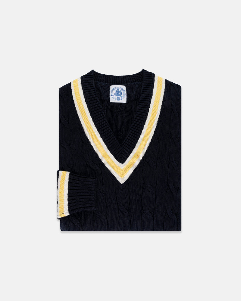J. PRESS NAVY & ECRU COTTON CRICKET SWEATER outlook
