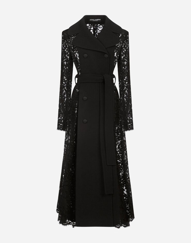 Belted double-breasted crepe and lace coat - 1