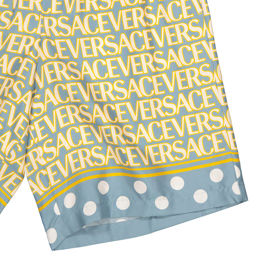 Versace Men's Light Blue/Ivory All-Over Logo Print Shorts - 7