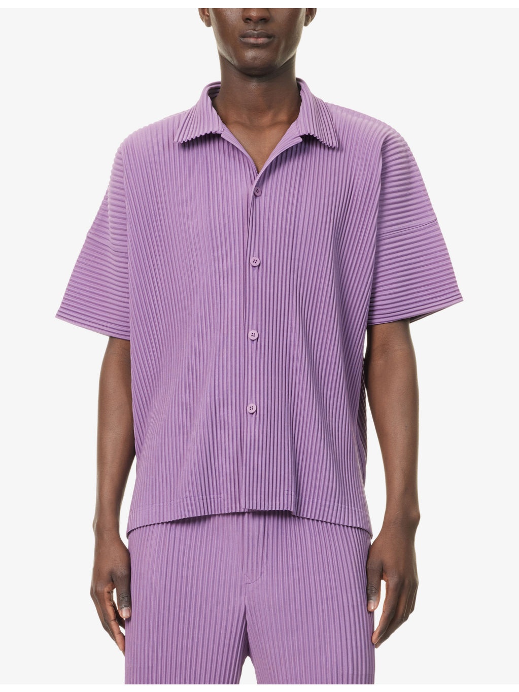 Pleated Spread-Collar Short-Sleeve Knitted Shirt - 3