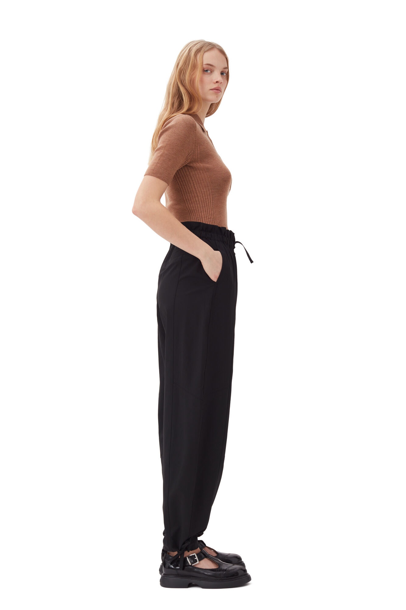 BLACK DRAPEY MELANGE ELASTICATED WAIST PANTS - 3