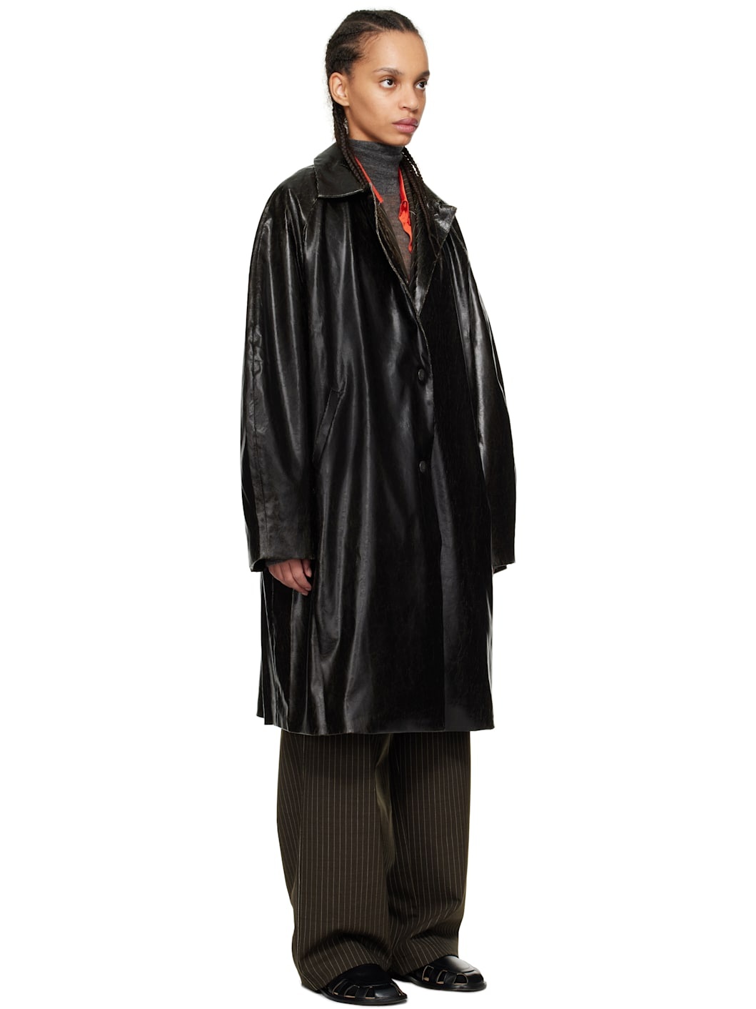 Black Scratched Faux-Leather Coat - 4