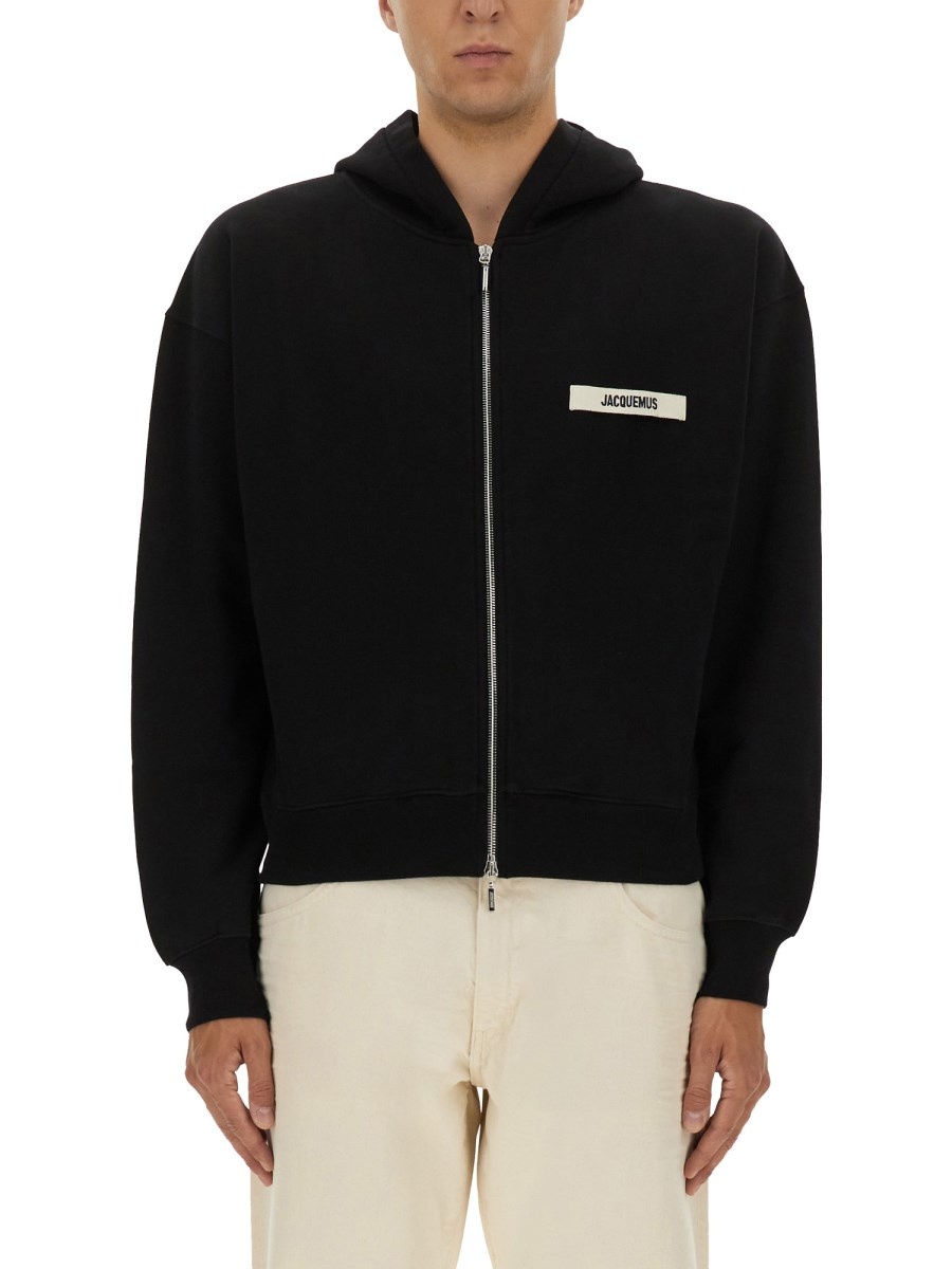 COTTON HOODIE WITH HOOD, ZIPPER AND GROSGRAIN LOGO - 1
