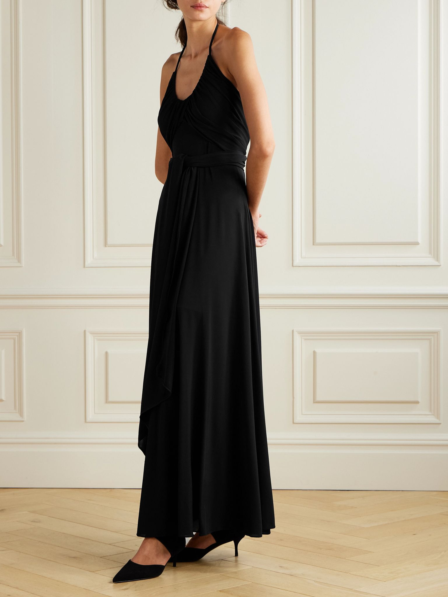 Belted gathered jersey halterneck maxi dress Black - 2