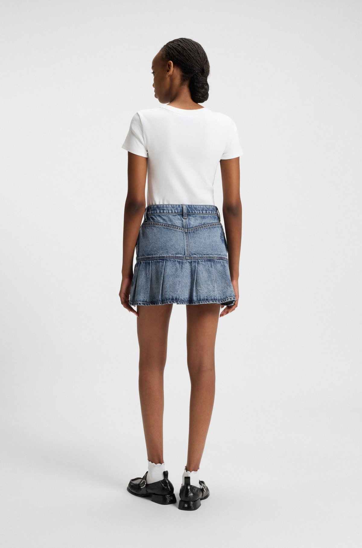HALF-PLEATED MINI SKIRT IN BLUE RIGID DENIM - 4