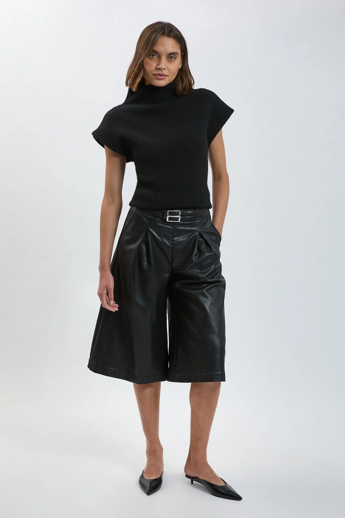 Faux Leather Tab Detail Culottes - 1