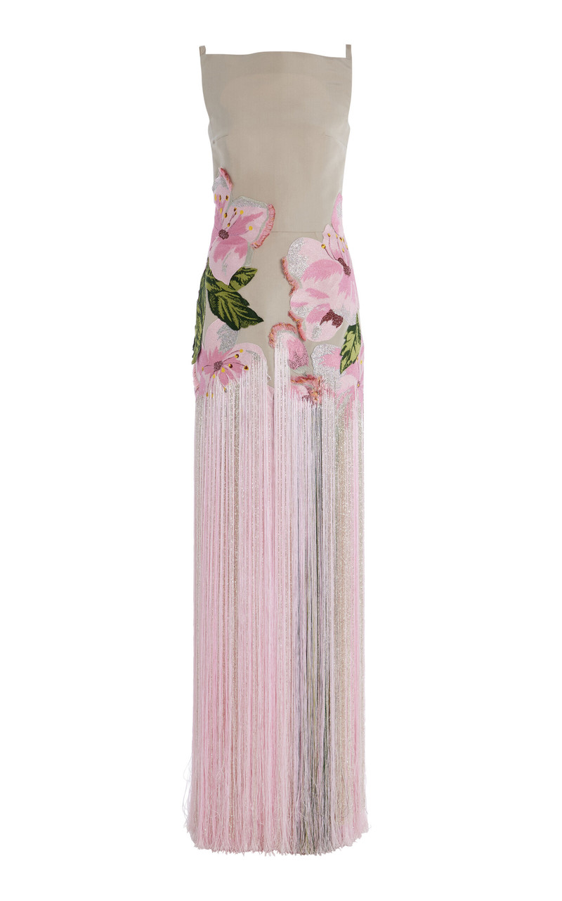 Fringed Embroidered Faille Gown grey 1
