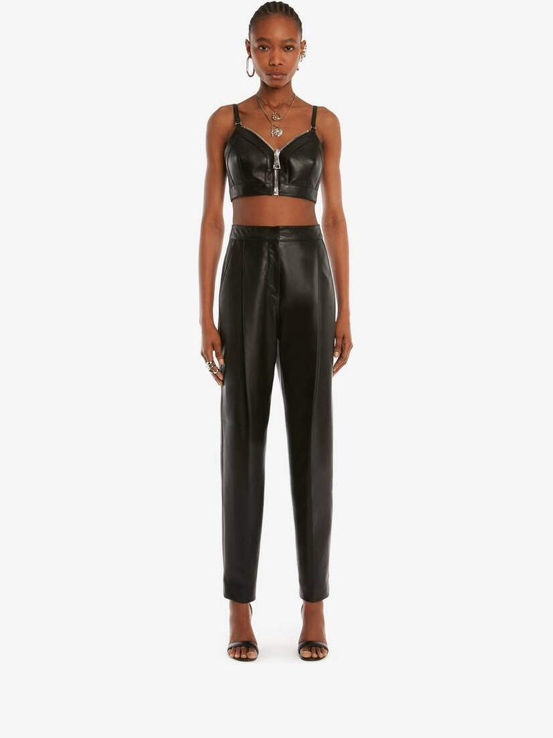 Alexander McQueen Leather Zip Bra Top in Black outlook