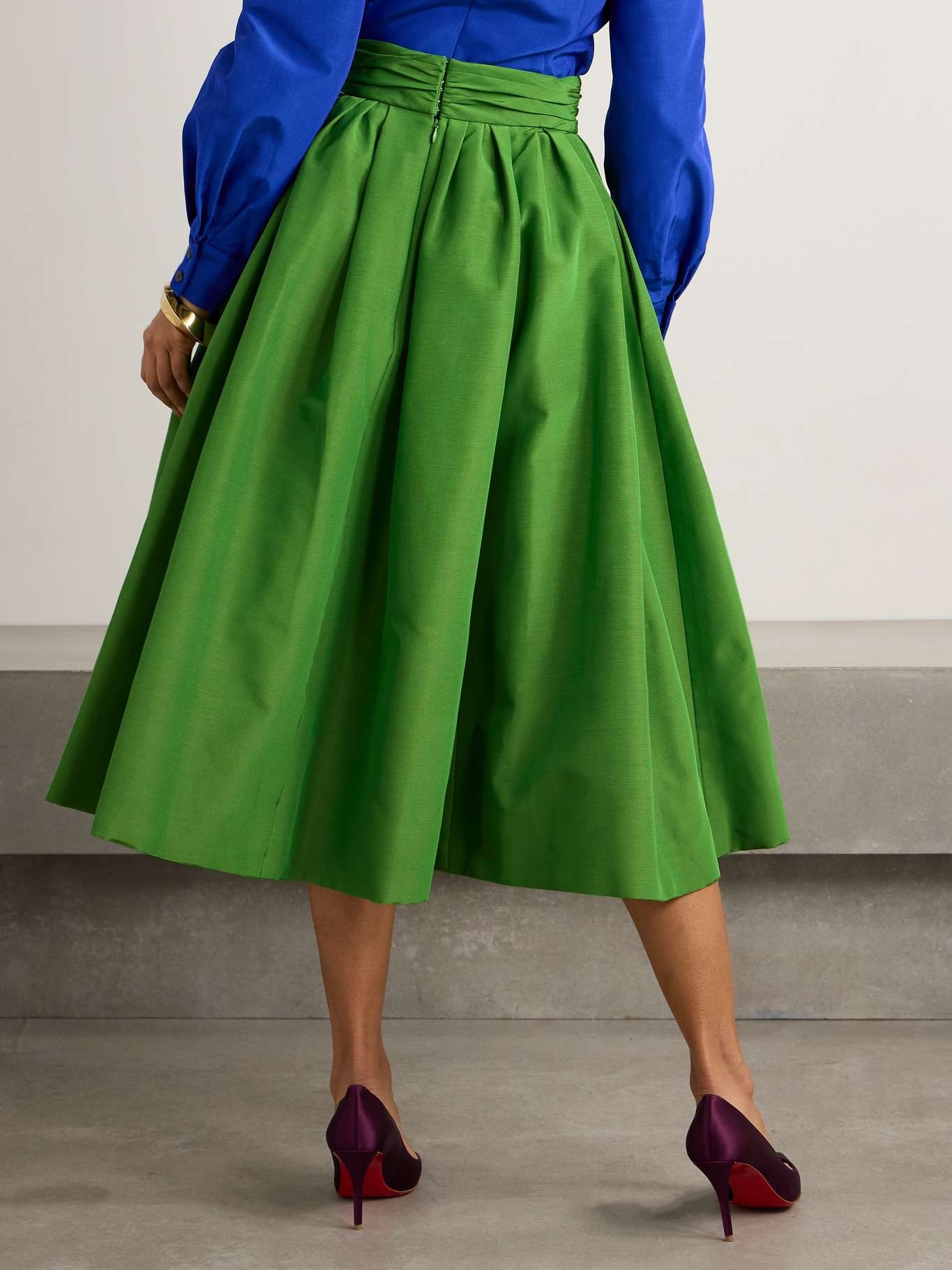 Pleated cotton-blend faille midi skirt Leaf green - 3