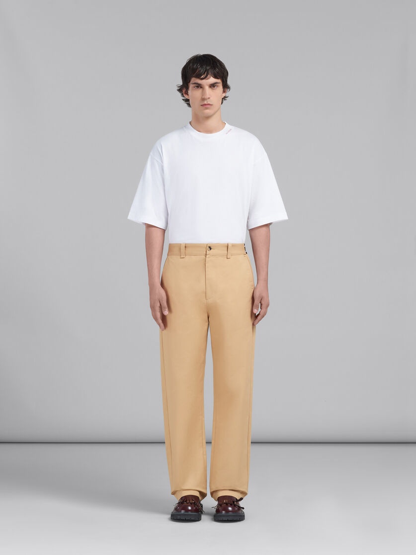 BEIGE BIO GABARDINE TROUSERS WITH BACK LOGO WAIST - 2