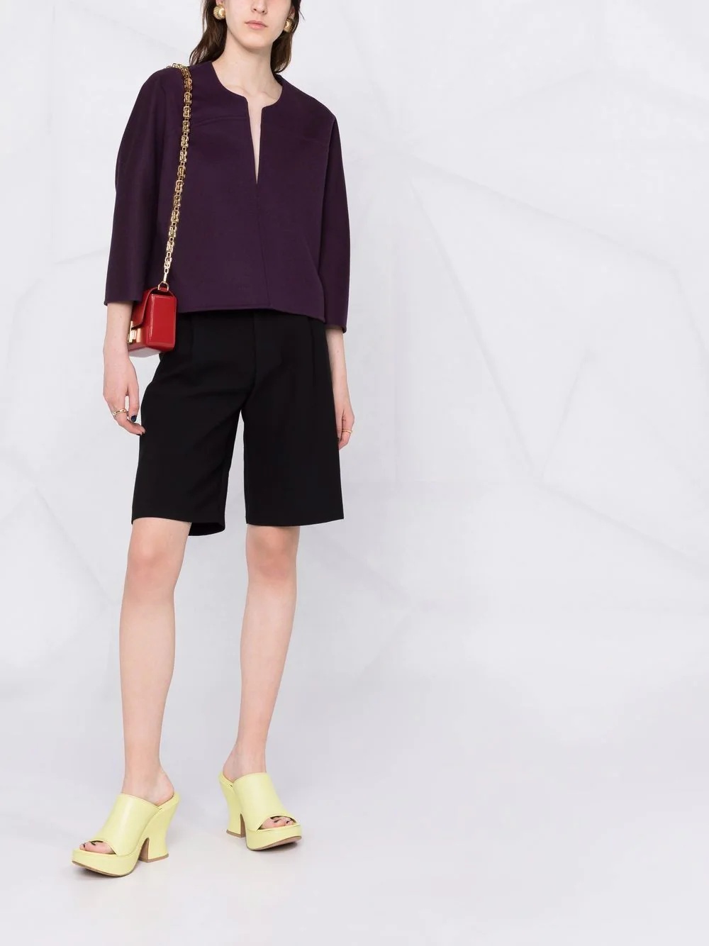 V-neck cropped-sleeve knitted top - 2