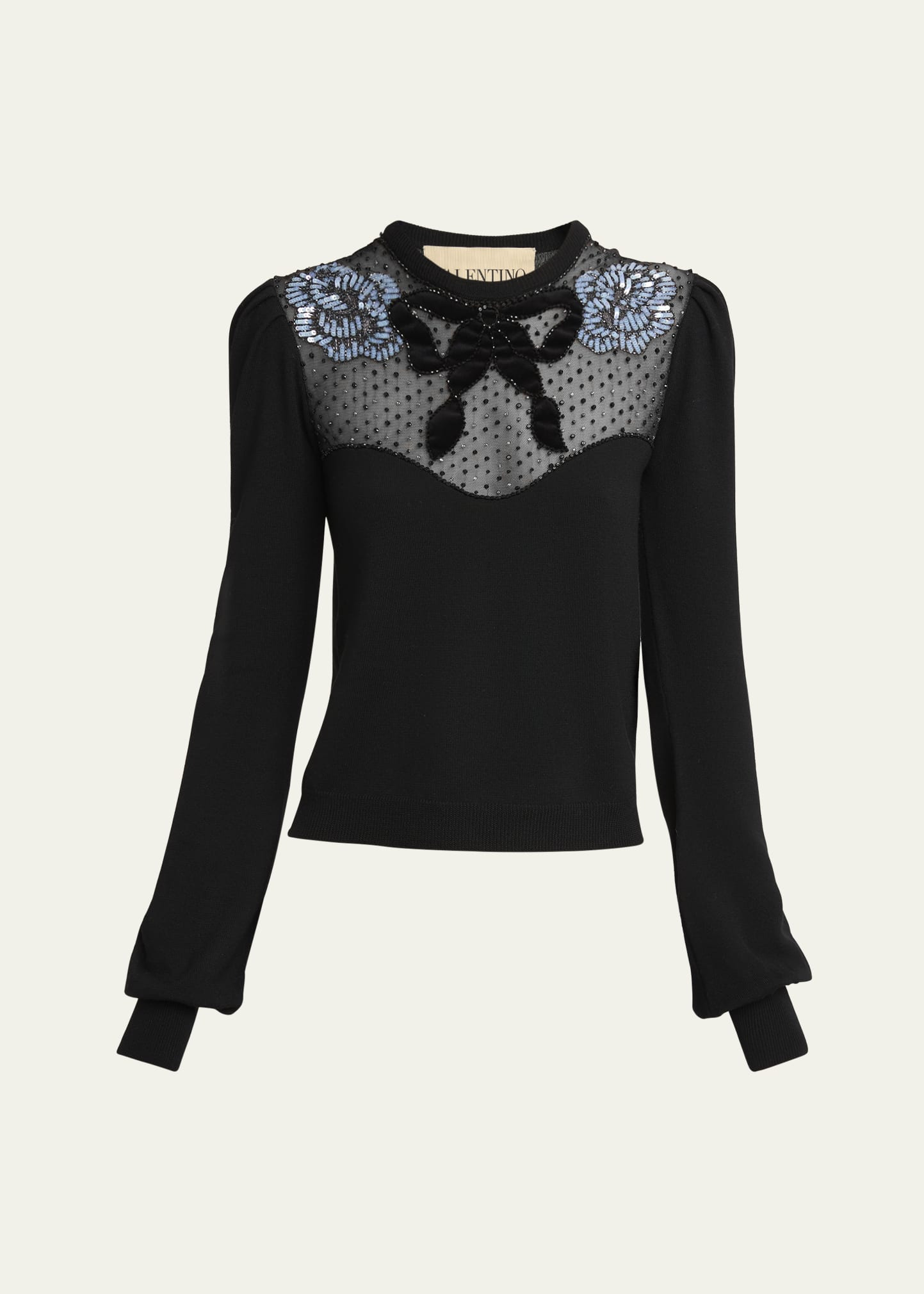 Beaded Floral Sheer Bust Wool Sweater - 1