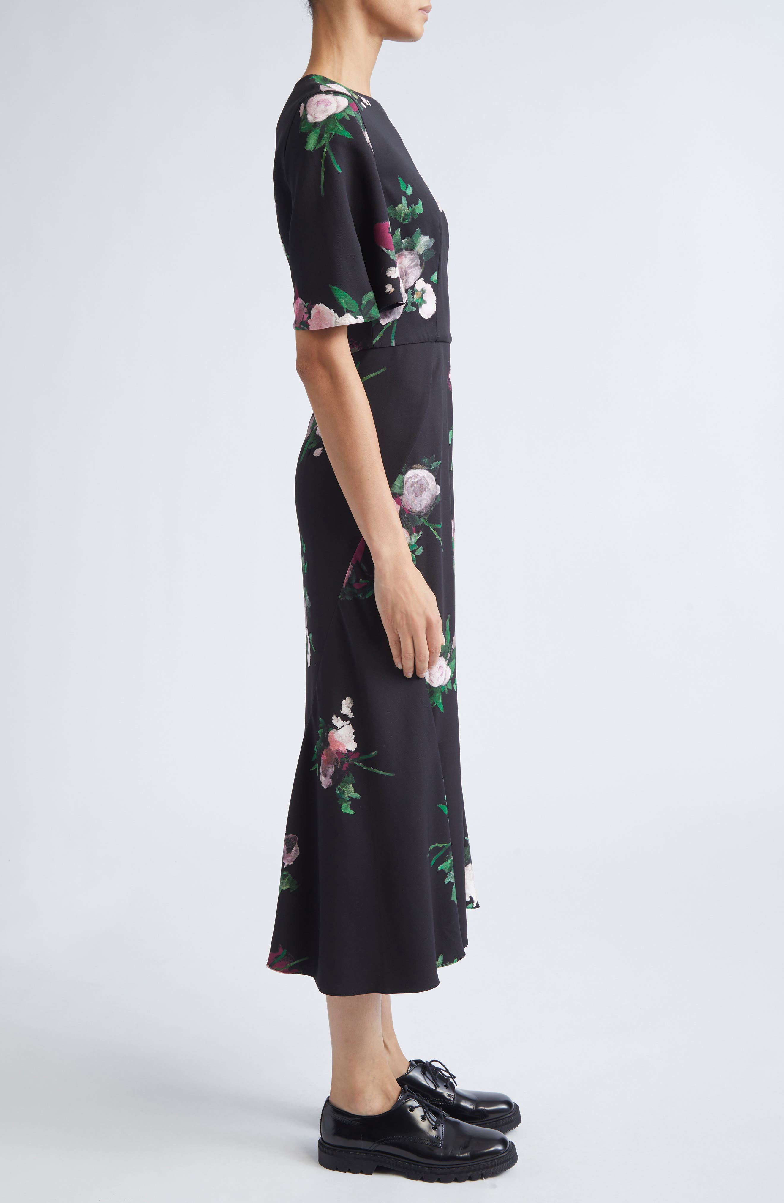 Erdem Floral Flutter Sleeve Stretch Cady Midi Dress in Painted Rose Bouquet Black at Nordstrom - 3