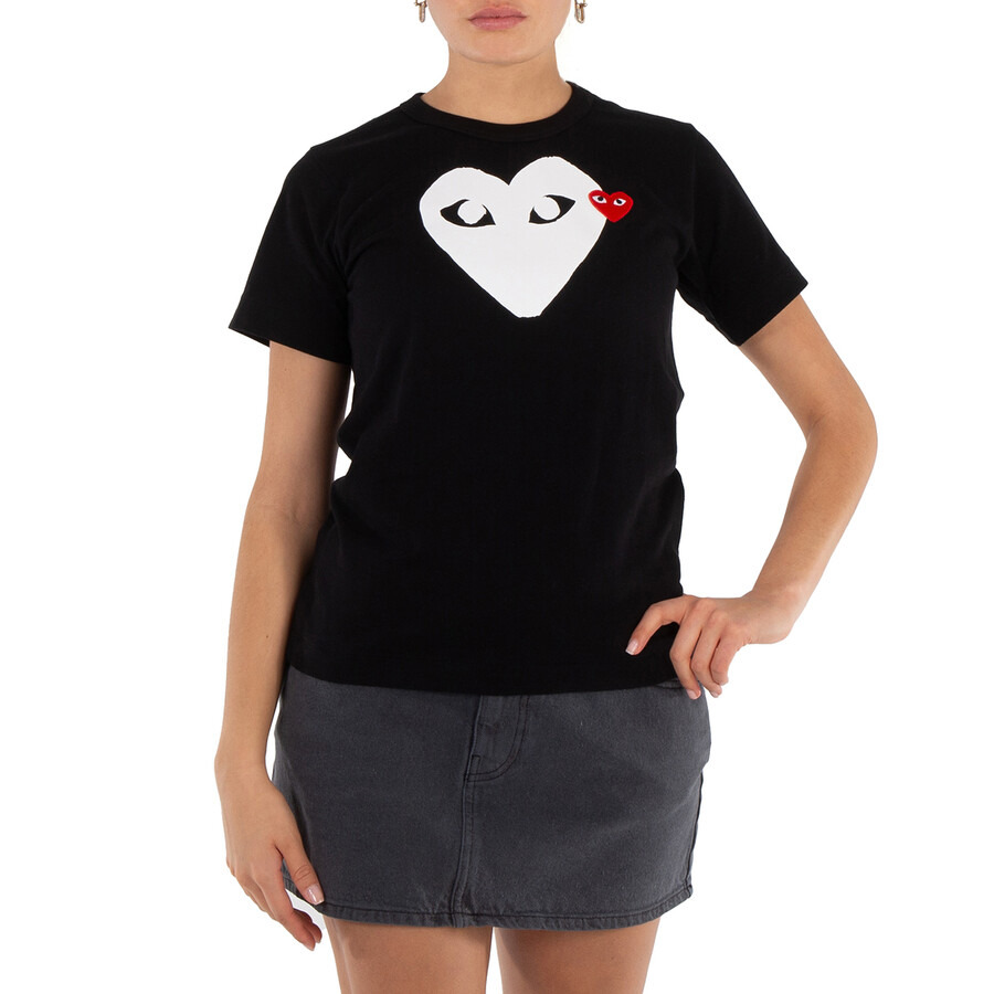 Comme Des Garcons Play Ladies Black T-shirt With Heart Print & Patch - 1