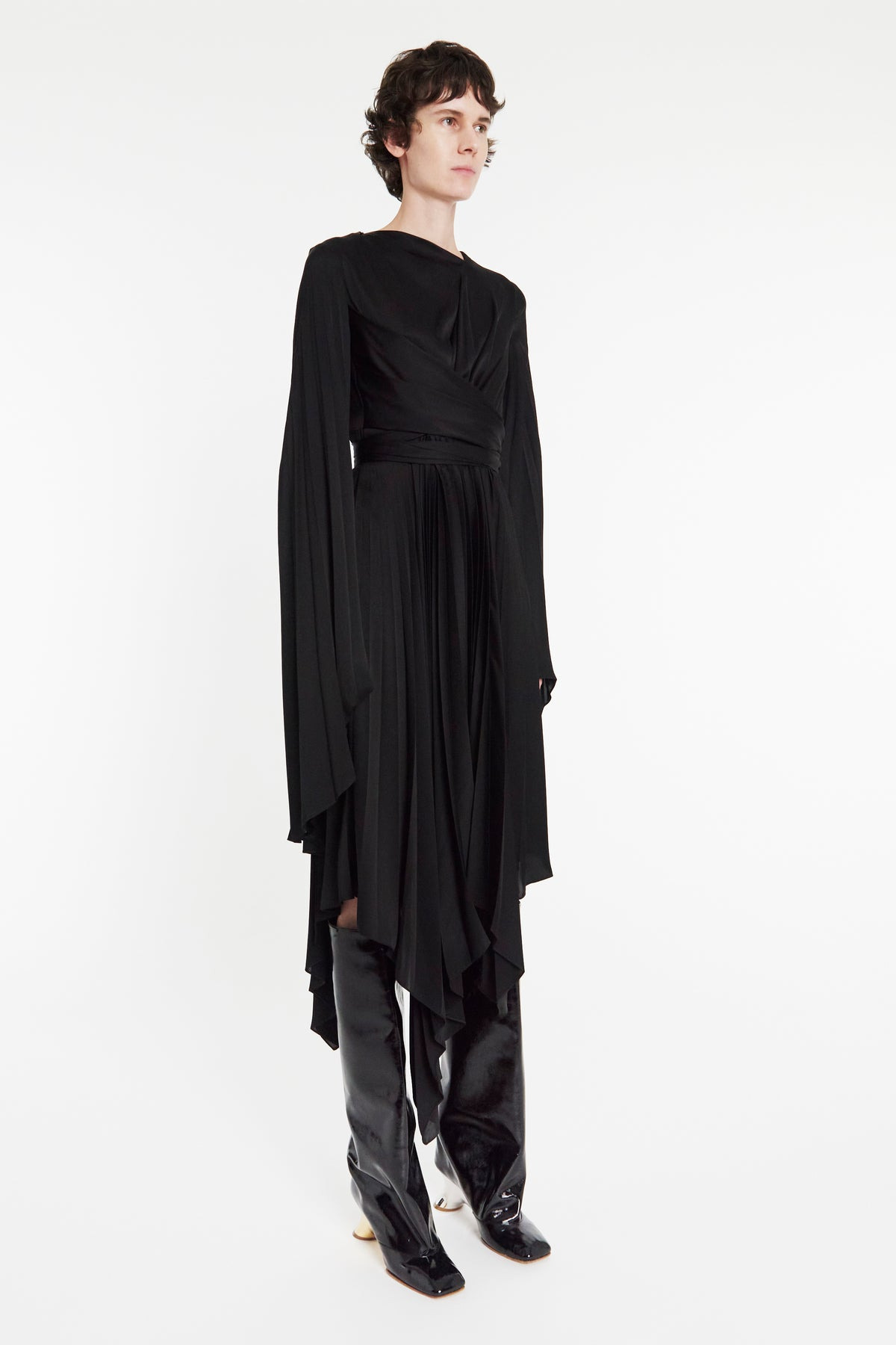 WRAP AROUND MIDI DRESS WITH PLEATED SKIRT & SLEEVES BLACK - 8