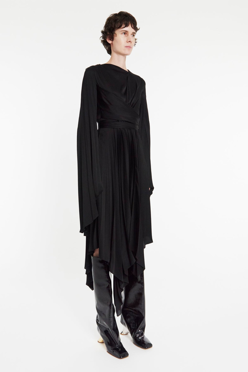 WRAP AROUND MIDI DRESS WITH PLEATED SKIRT & SLEEVES BLACK 8