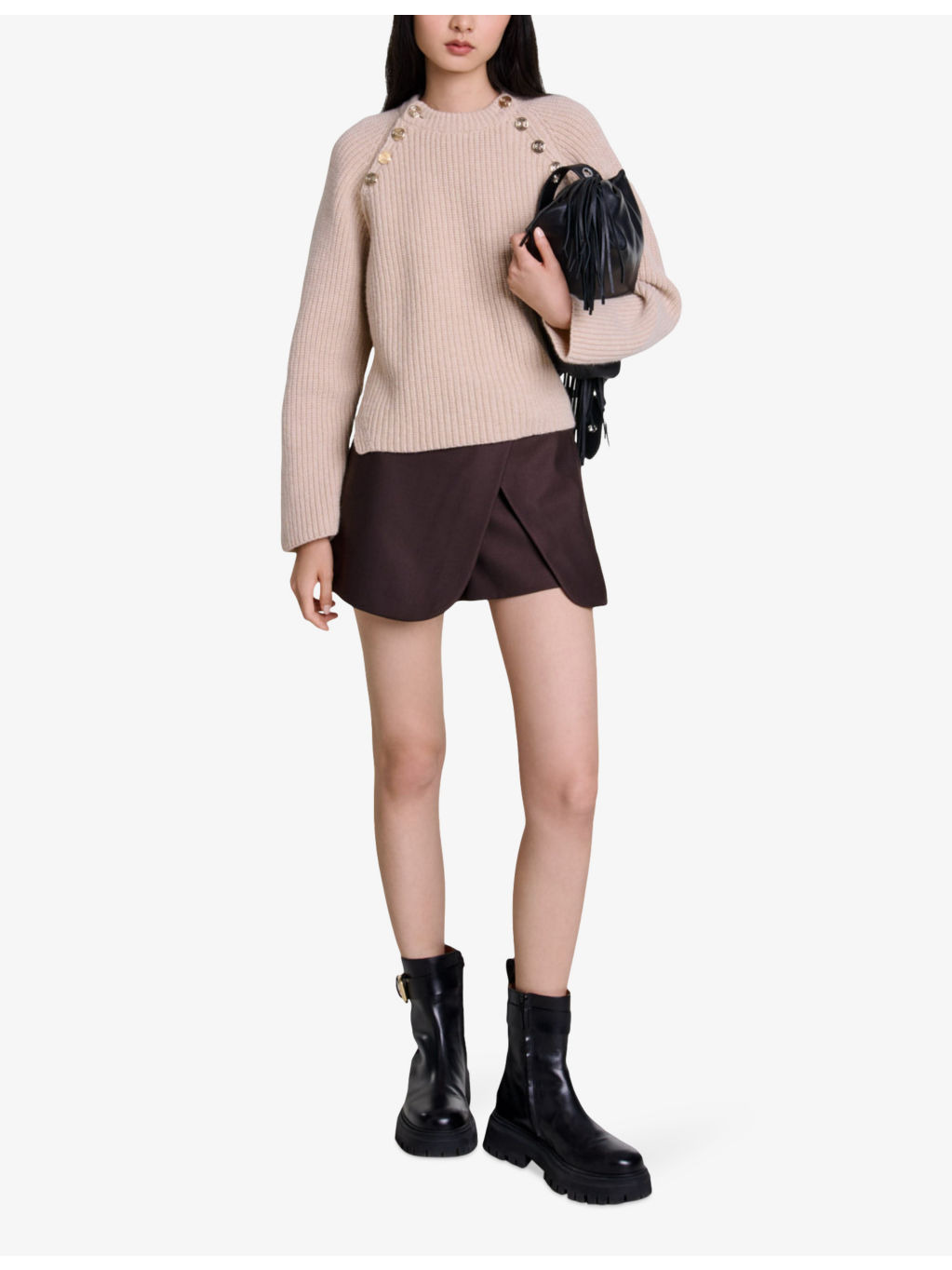 Button-embellished high-rise wrap stretch-knit mini skirt - 2