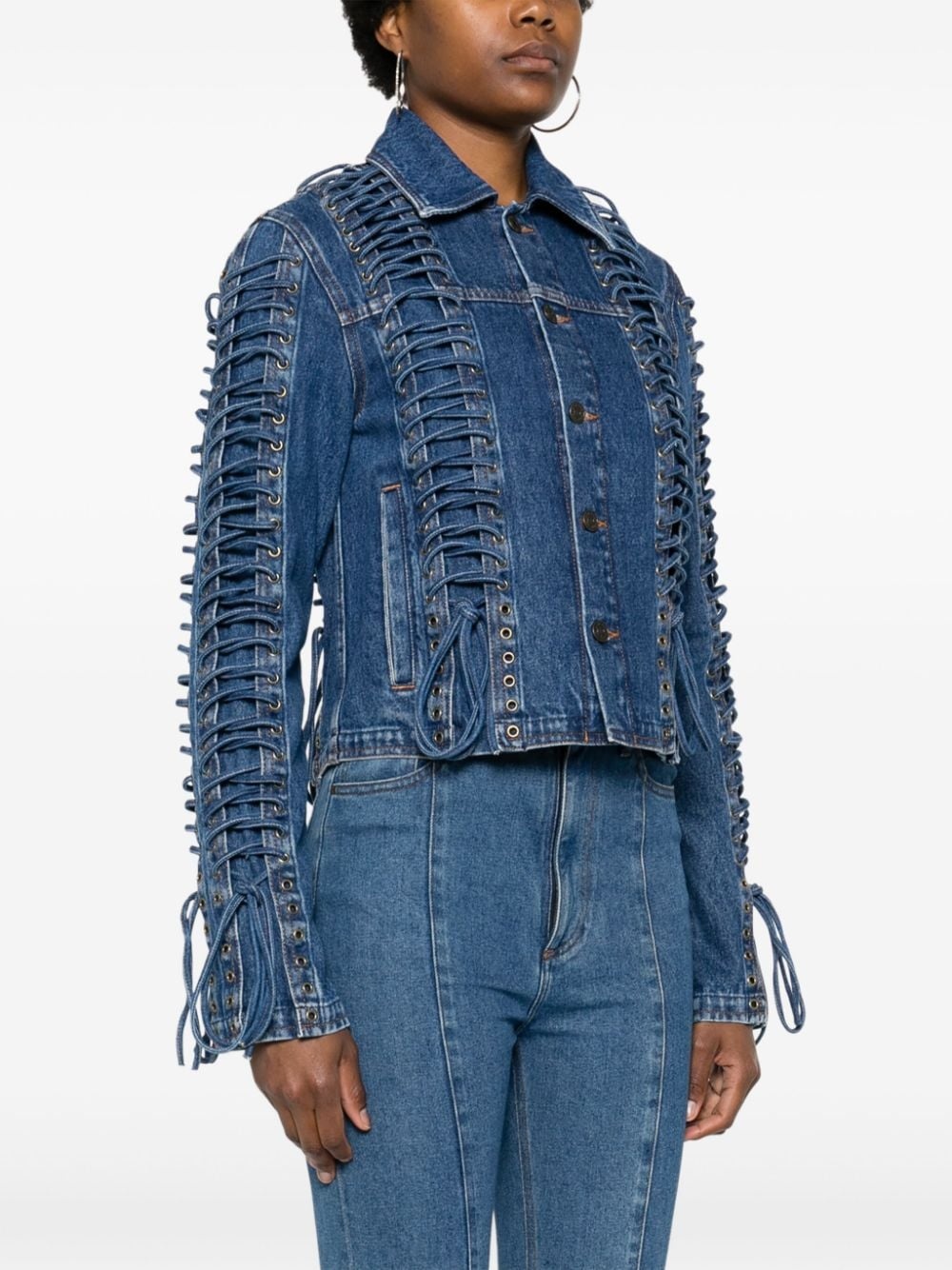 lace up-embellished denim jacket - 3