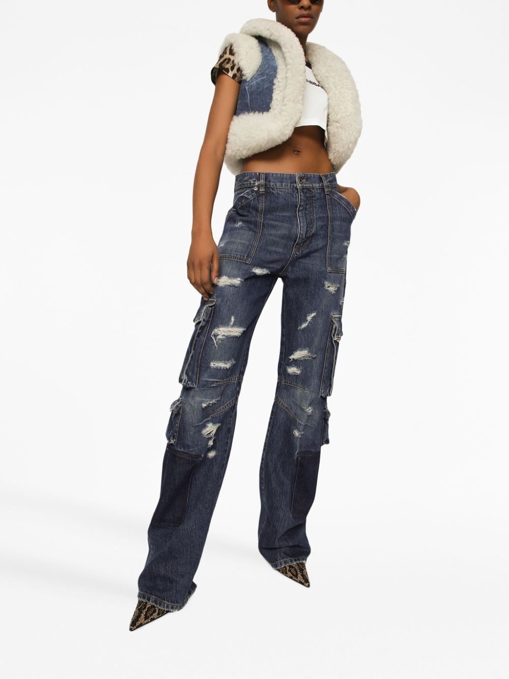 distressed-finish straigh-leg cargo jeans - 2