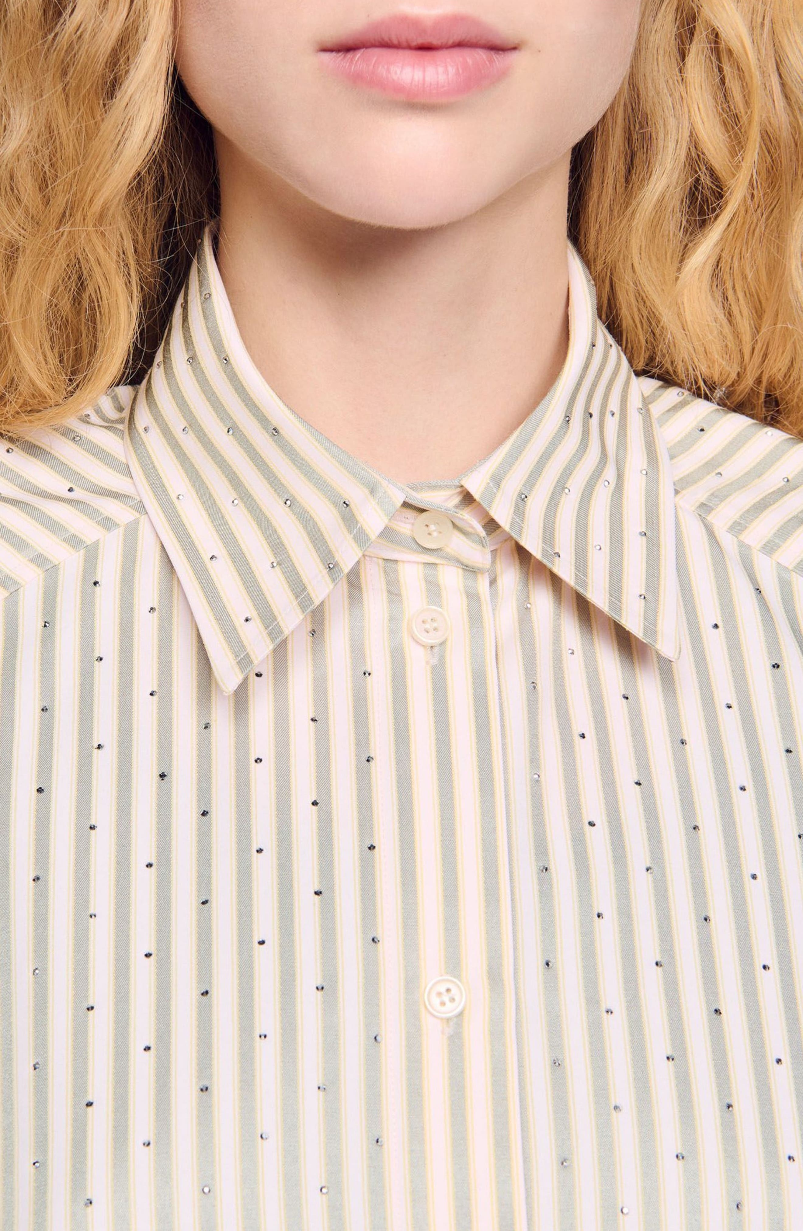 SANDRO Striped rhinestone shirt in Khaki /Pink at Nordstrom - 4